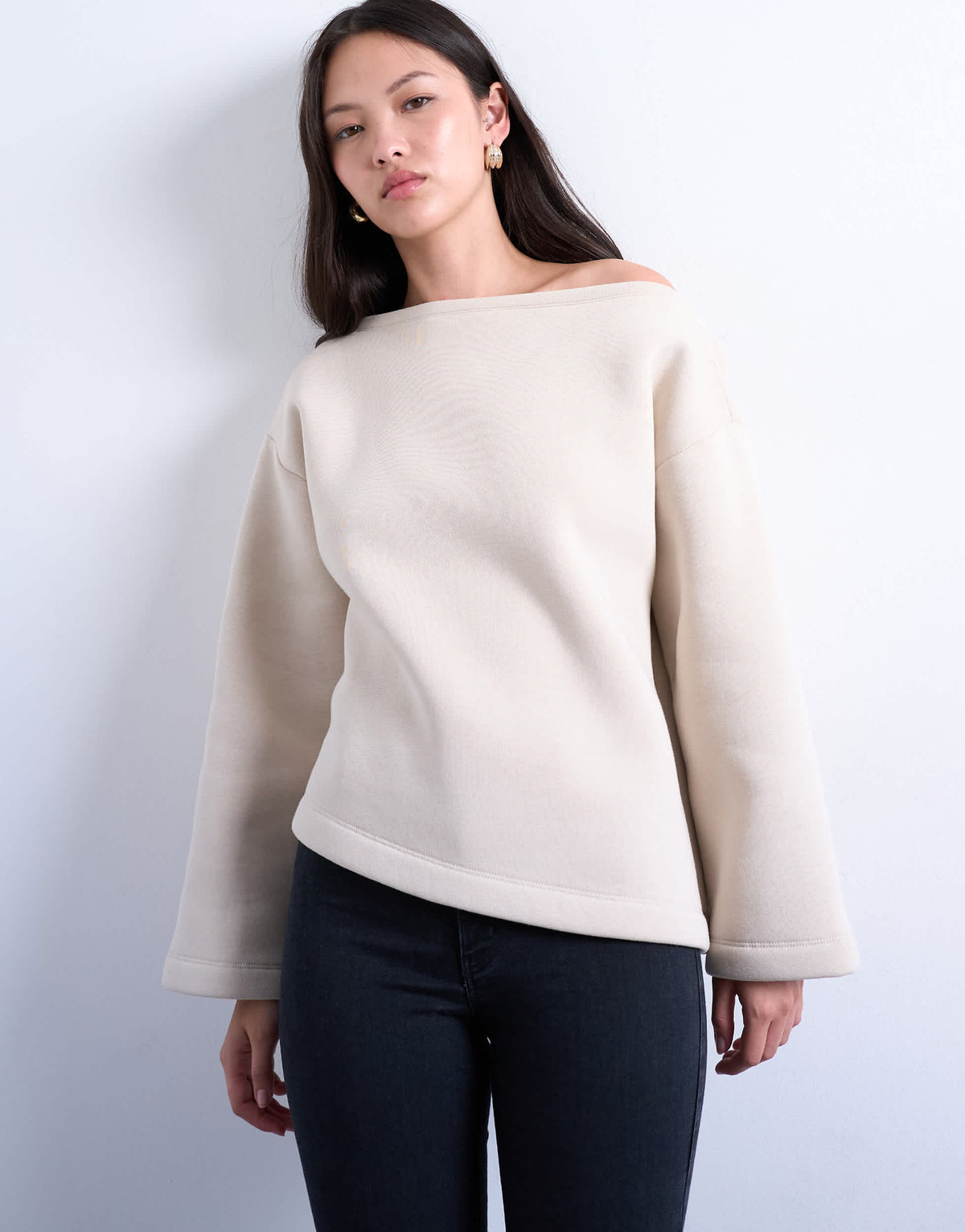 Topshop asymmetric off shoulder sweat in beige