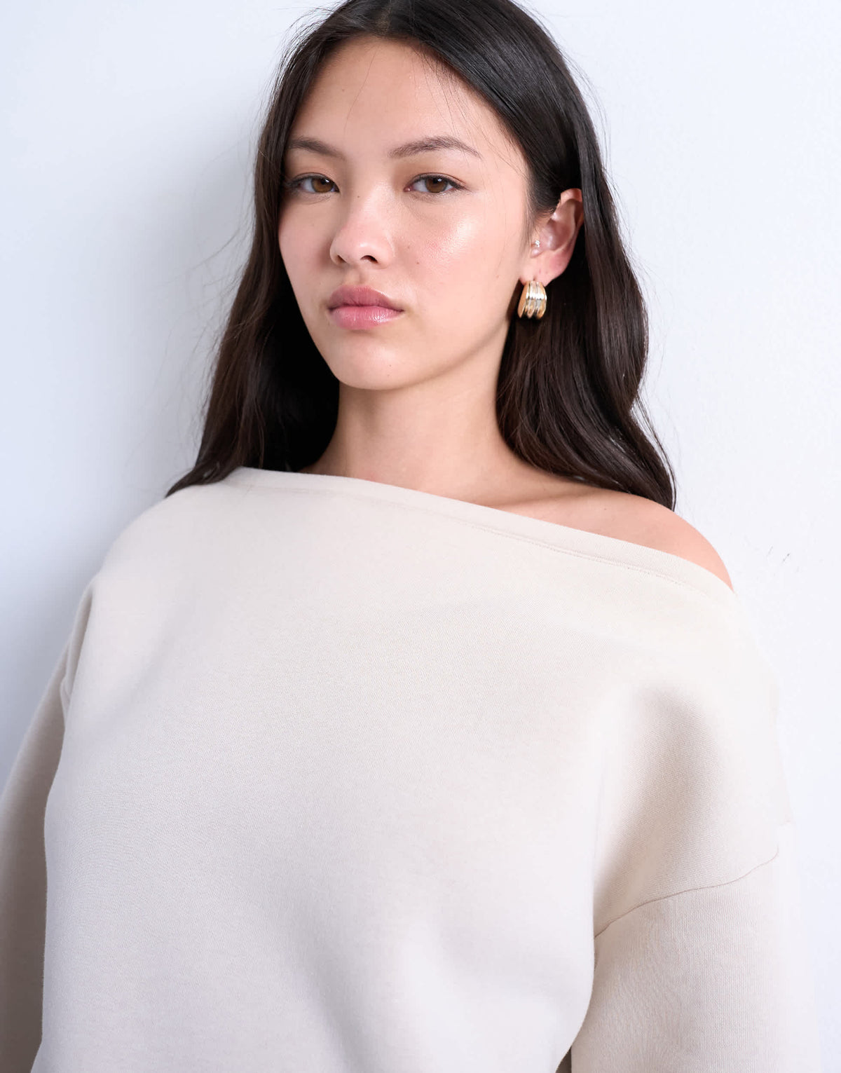 Topshop asymmetric off shoulder sweat in beige
