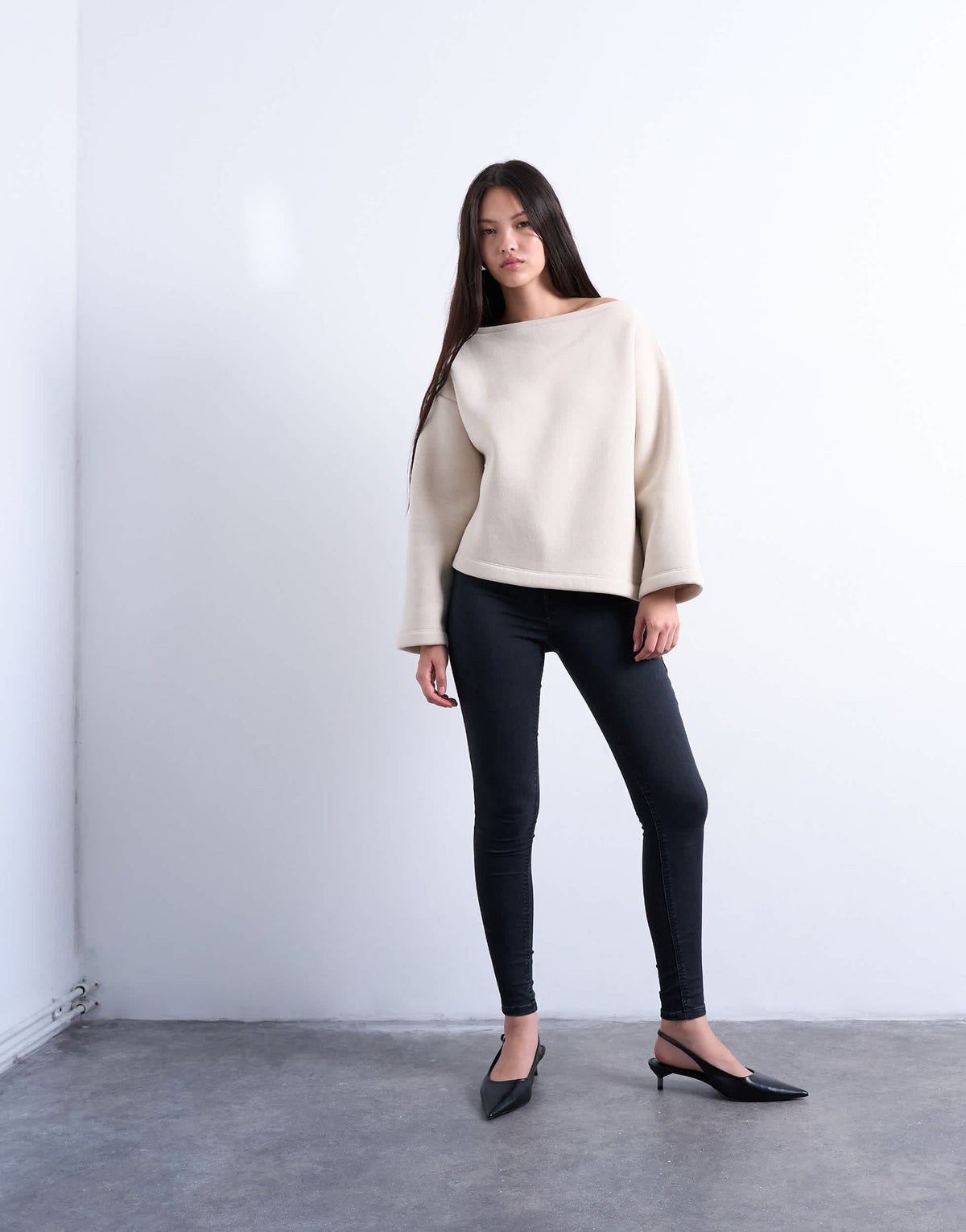 Topshop asymmetric off shoulder sweat in beige
