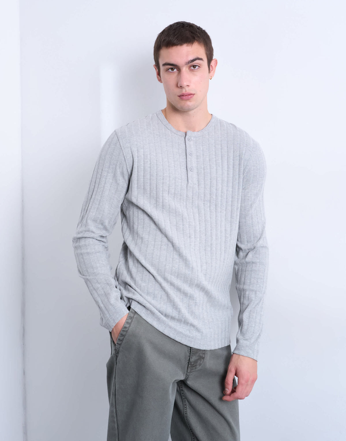 Topman long sleeve rib henley tee in grey