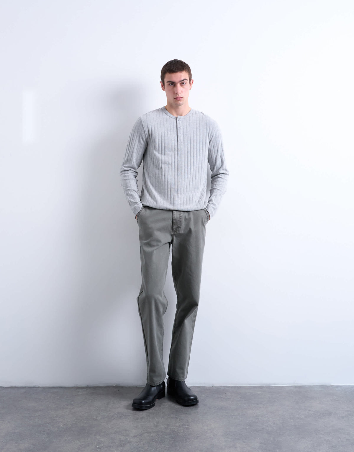 Topman long sleeve rib henley tee in grey