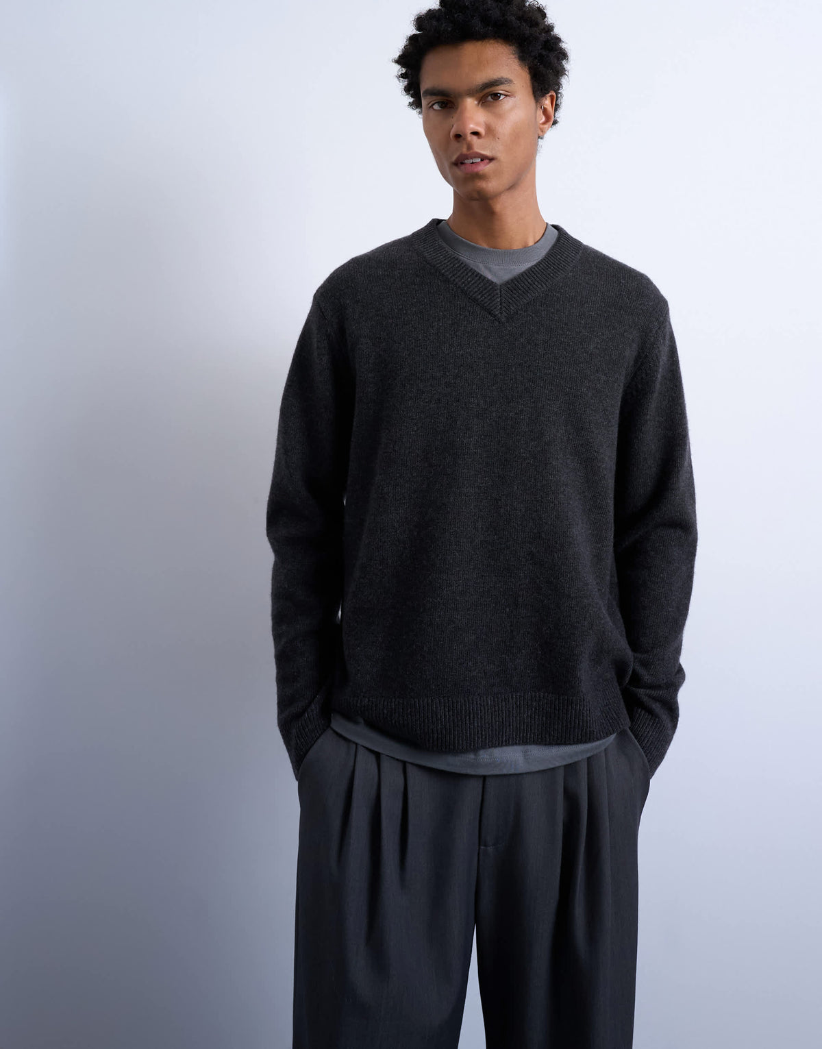 Topman regular fit knitted v-neck jumper with wool in charcoal