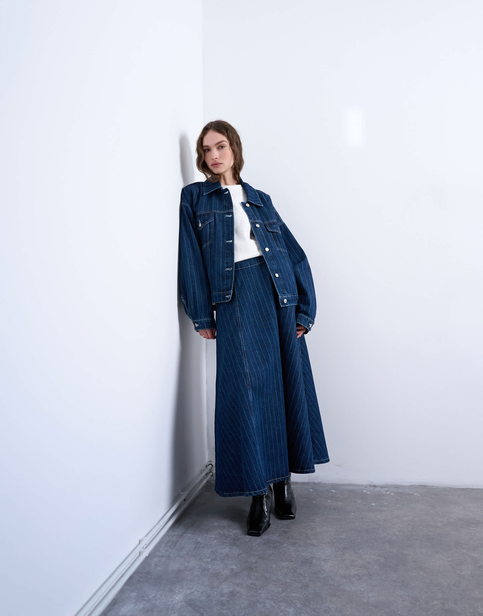Topshop denim circle maxi skirt in indigo stripe