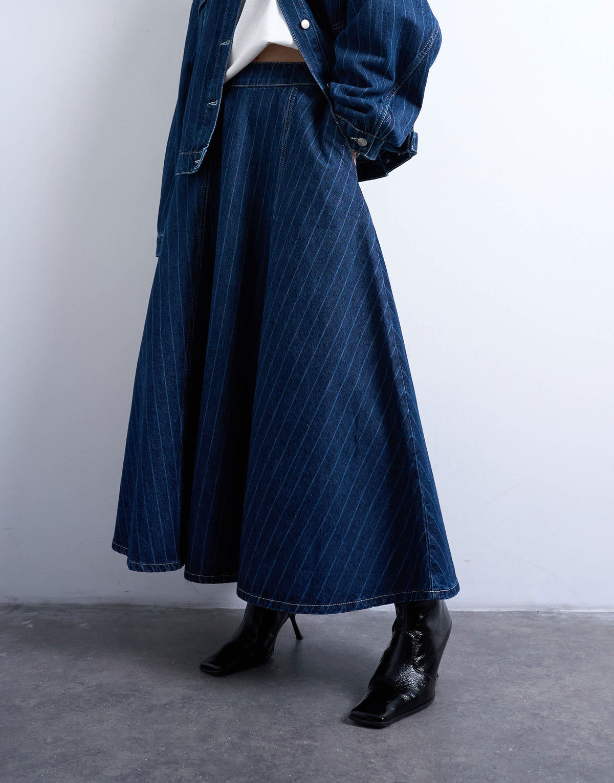 Topshop denim circle maxi skirt in indigo stripe