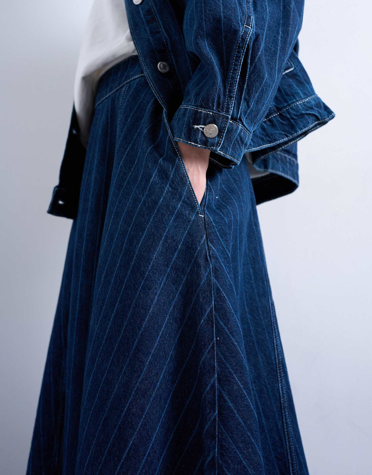 Topshop denim circle maxi skirt in indigo stripe
