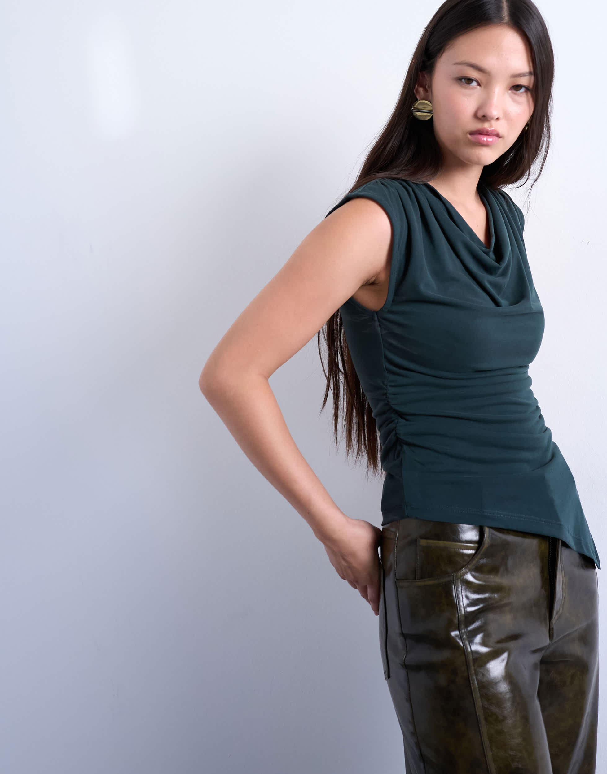 Topshop cupro cowl draped top in dark green
