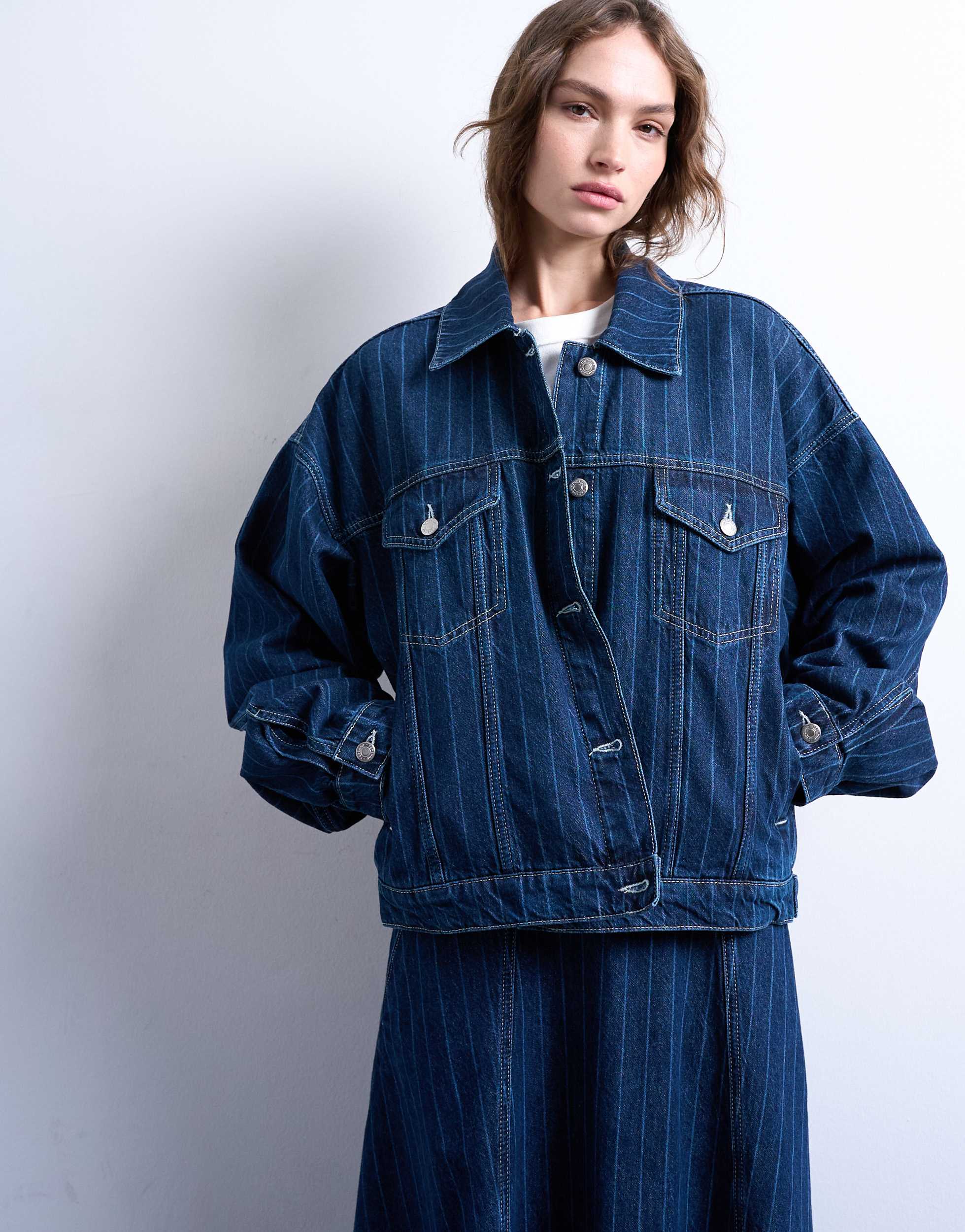 Topshop denim balloon sleeve jacket in indigo stripe