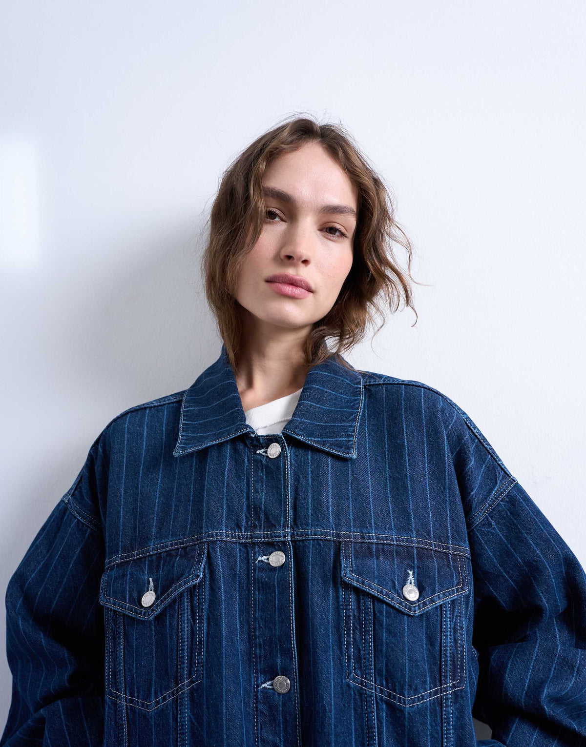 Topshop denim balloon sleeve jacket in indigo stripe