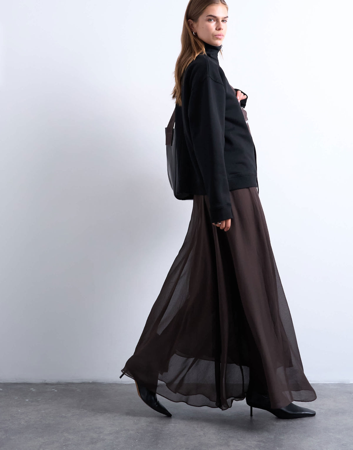 Topshop sheer full circle maxi skirt in chocolate