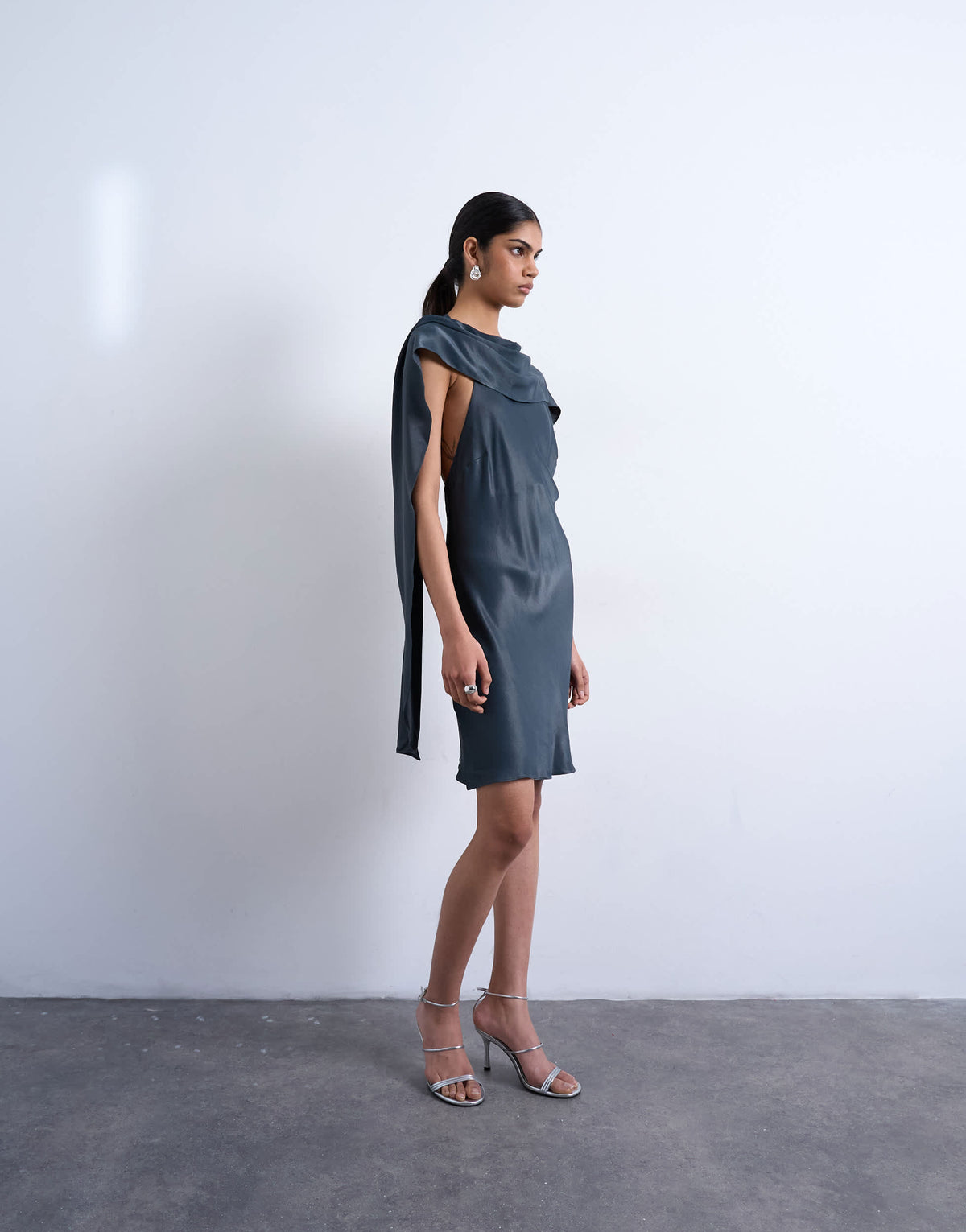 Topshop satin scarf neck mini dress in petrol navy