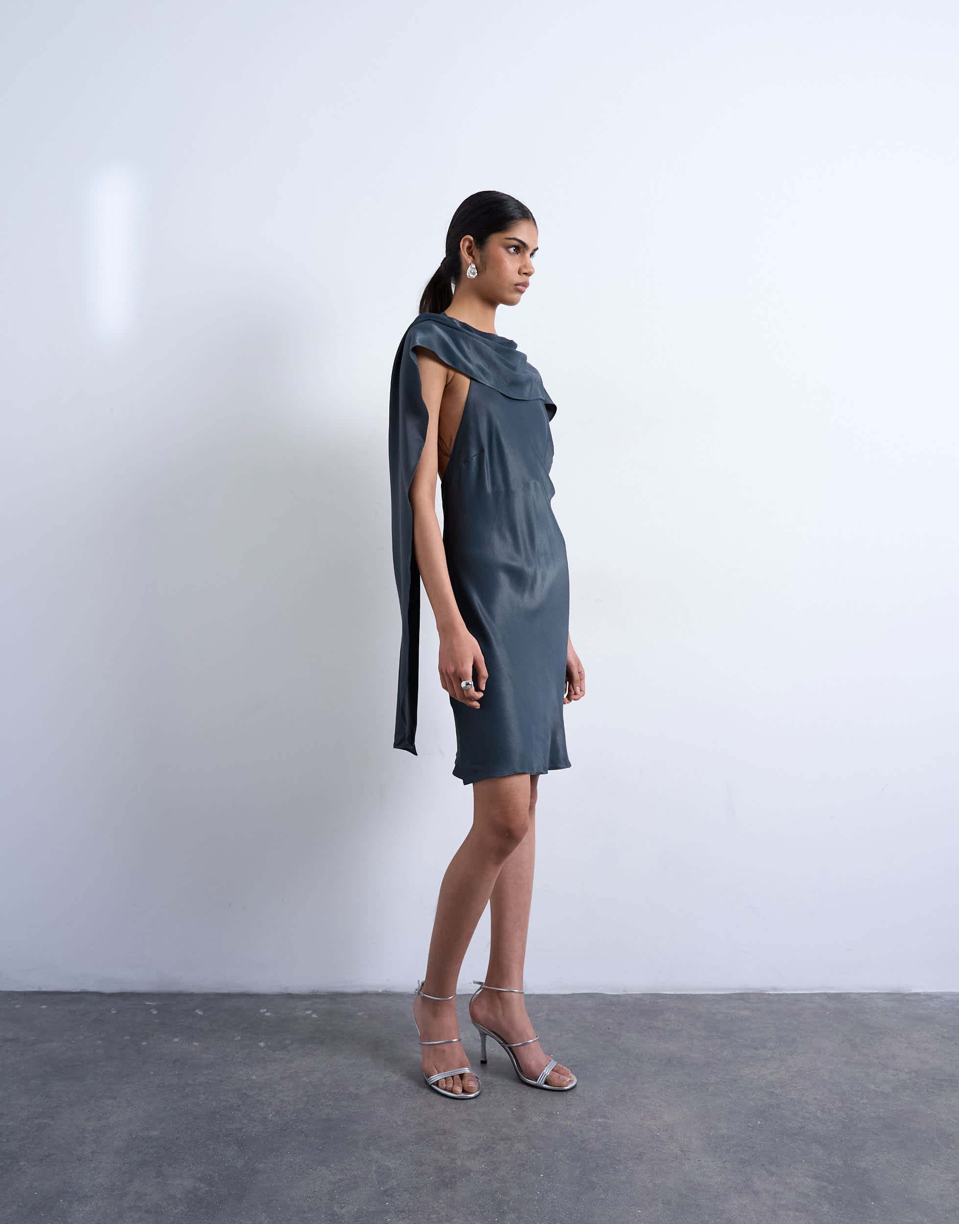 Topshop satin scarf neck mini dress in petrol navy