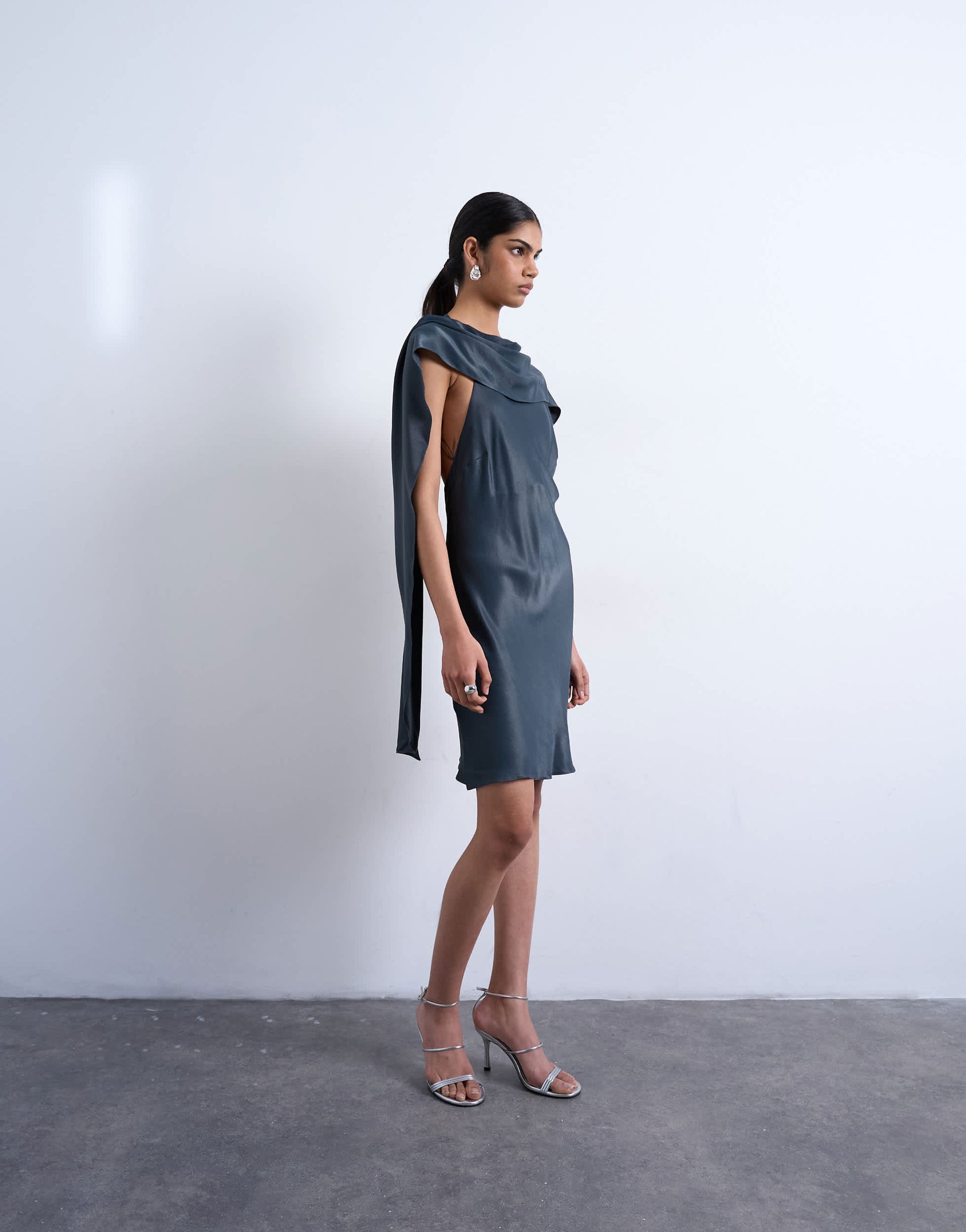Topshop satin scarf neck mini dress in petrol navy