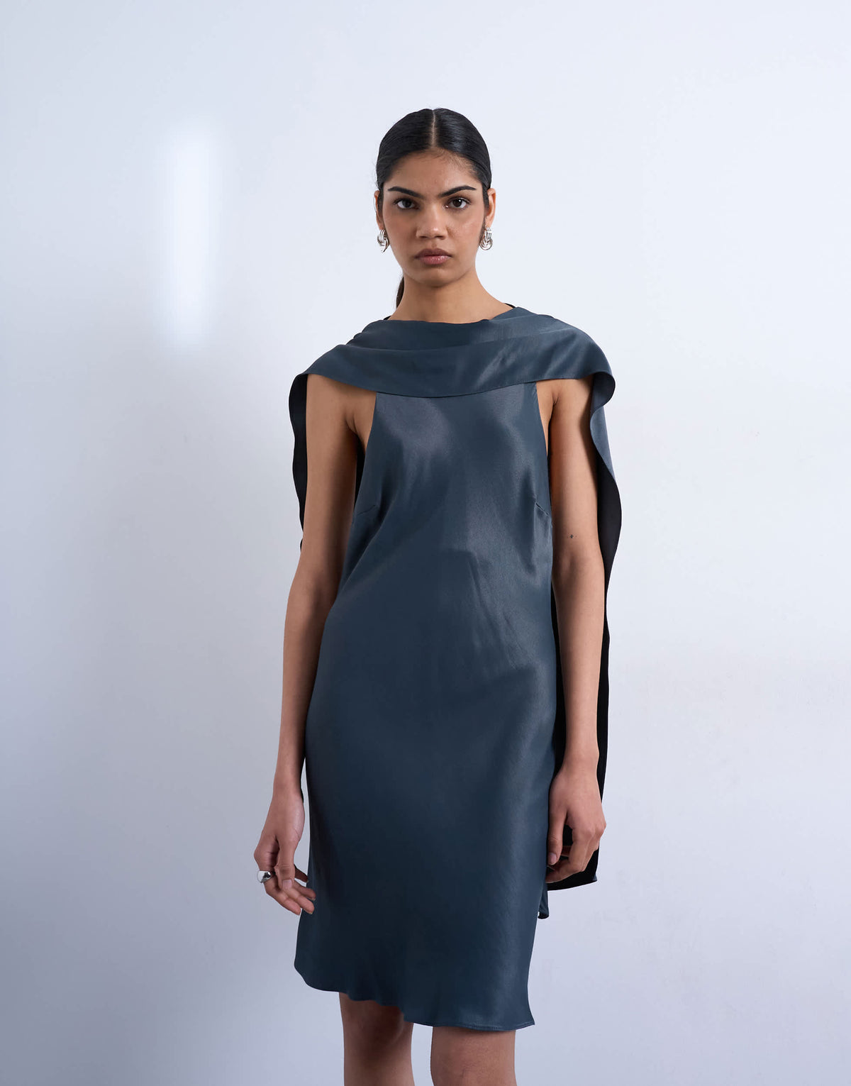 Topshop satin scarf neck mini dress in petrol navy