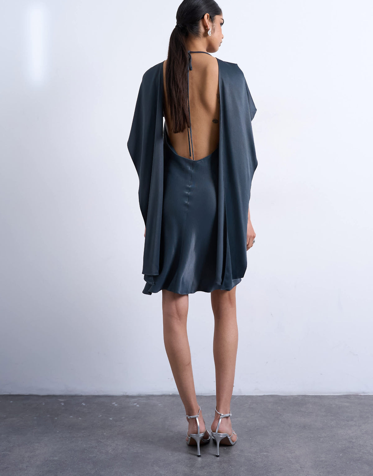 Topshop satin scarf neck mini dress in petrol navy