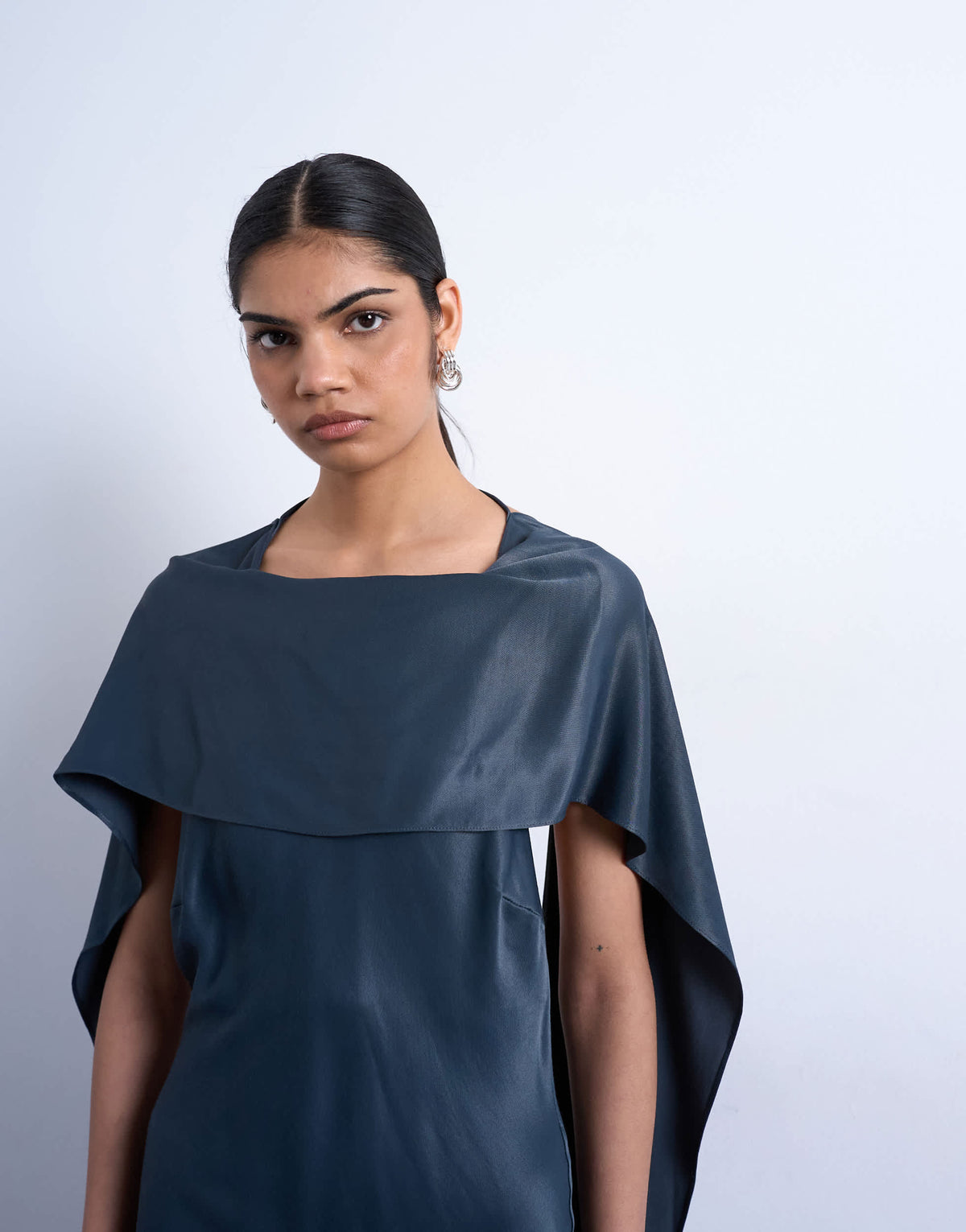 Topshop satin scarf neck mini dress in petrol navy
