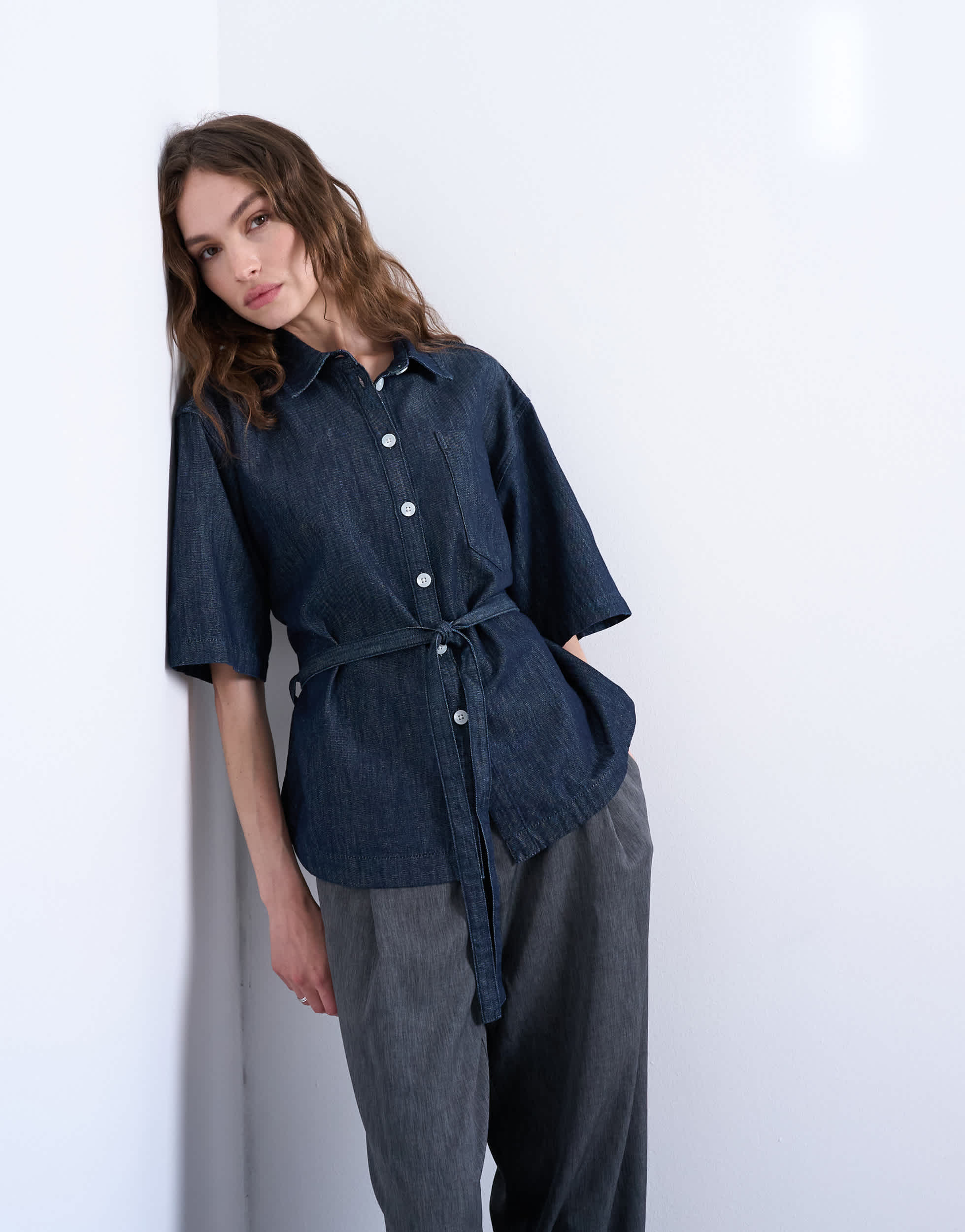 Topshop denim tie back oversized boxy shirt in