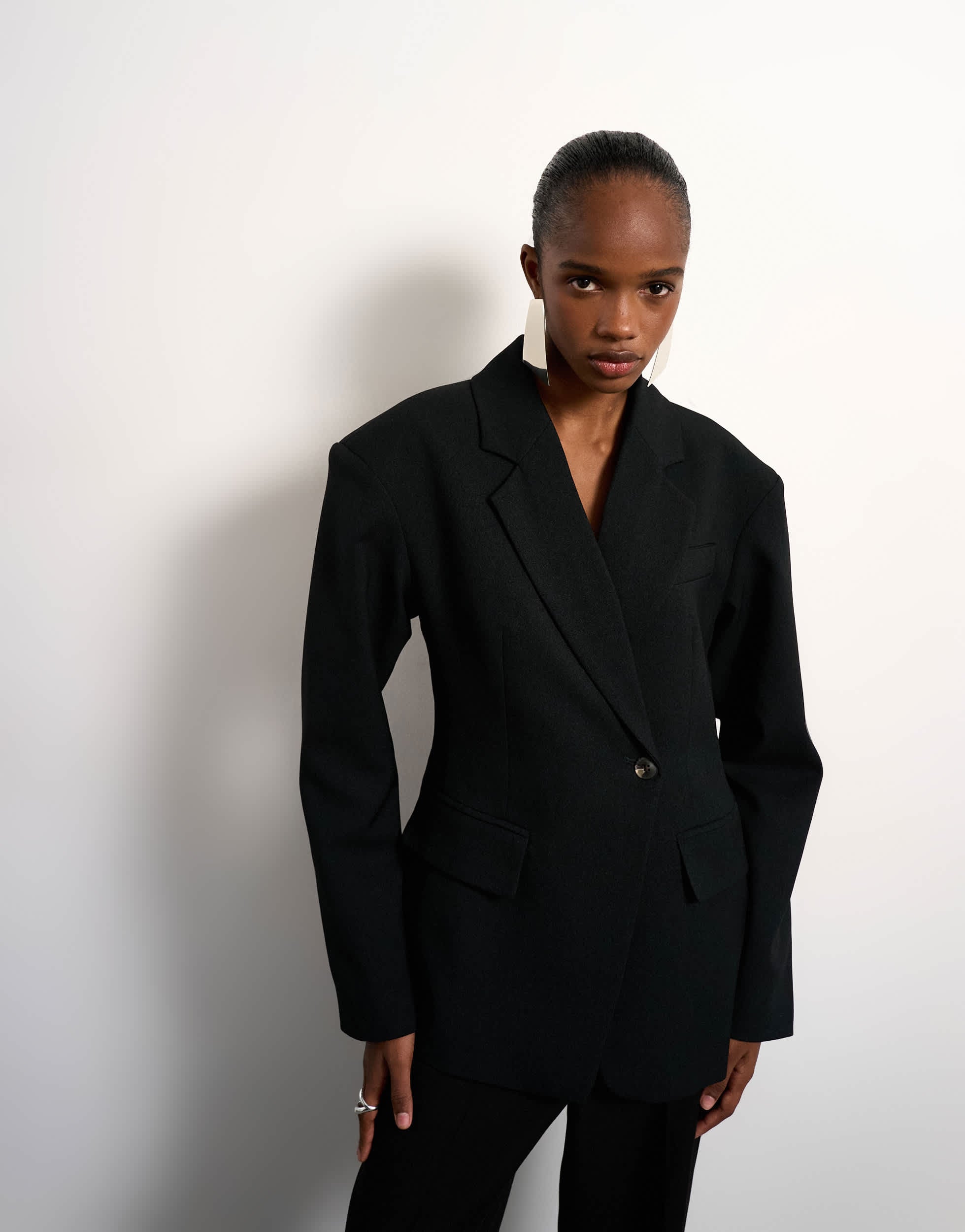 Topshop cinched padded shoulder blazer in black