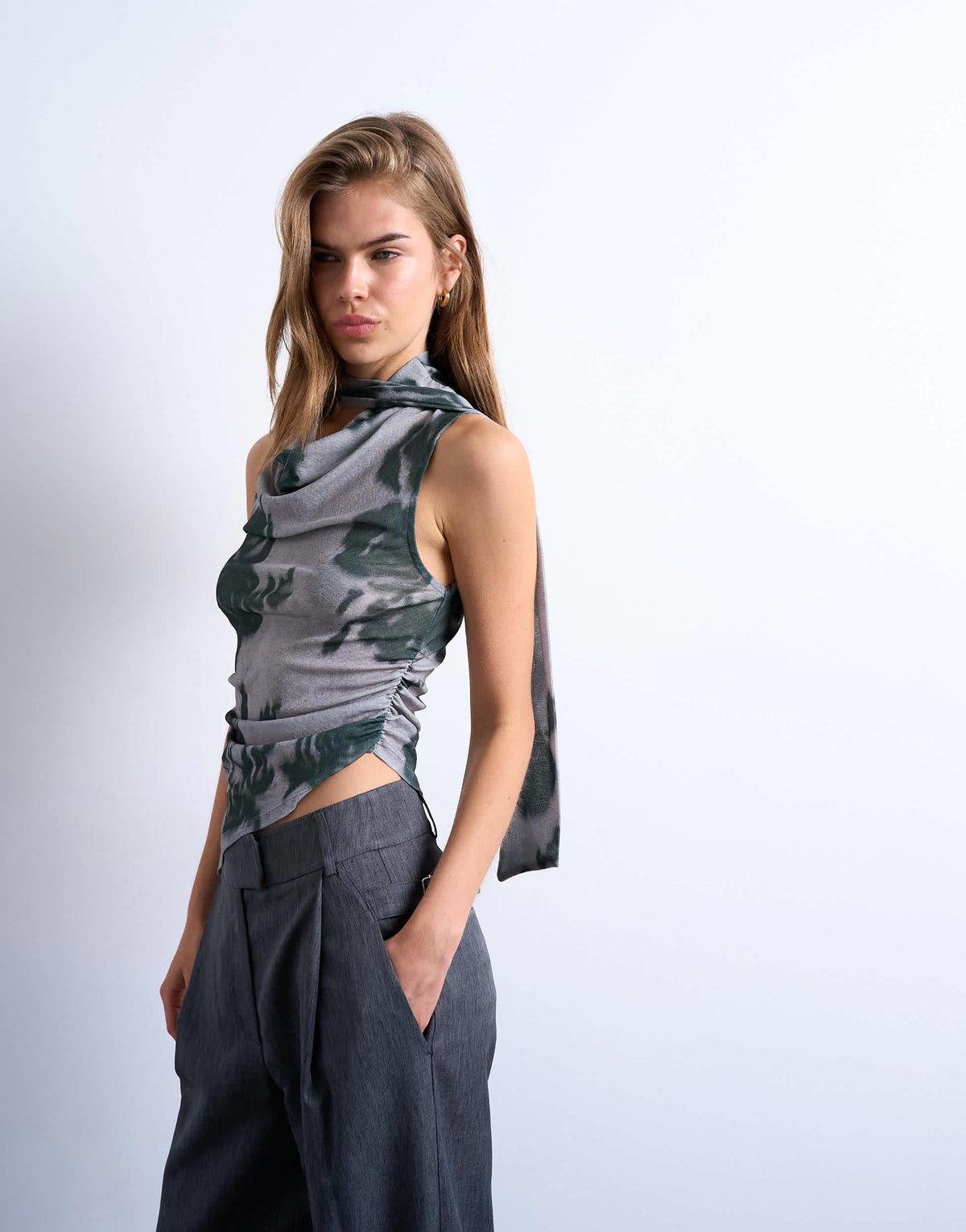 Topshop floral print mesh asymmetric scarf detail top in grey