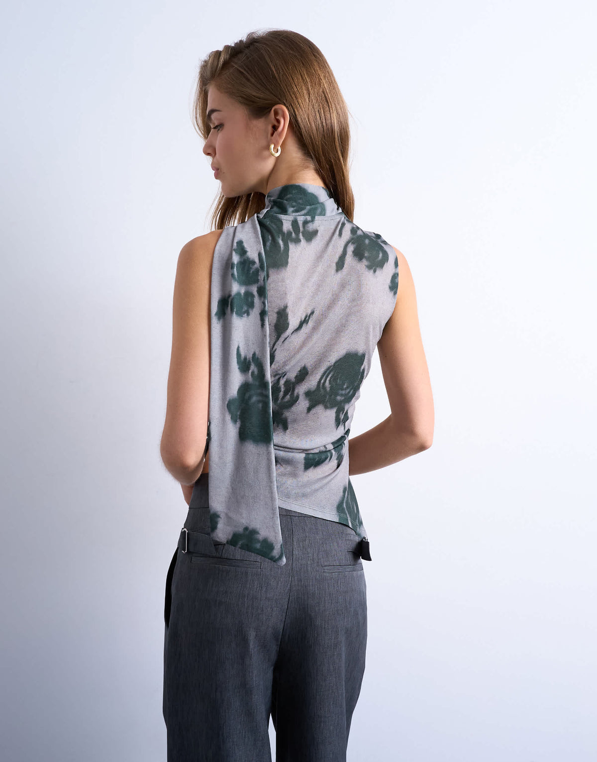 Topshop floral print mesh asymmetric scarf detail top in grey