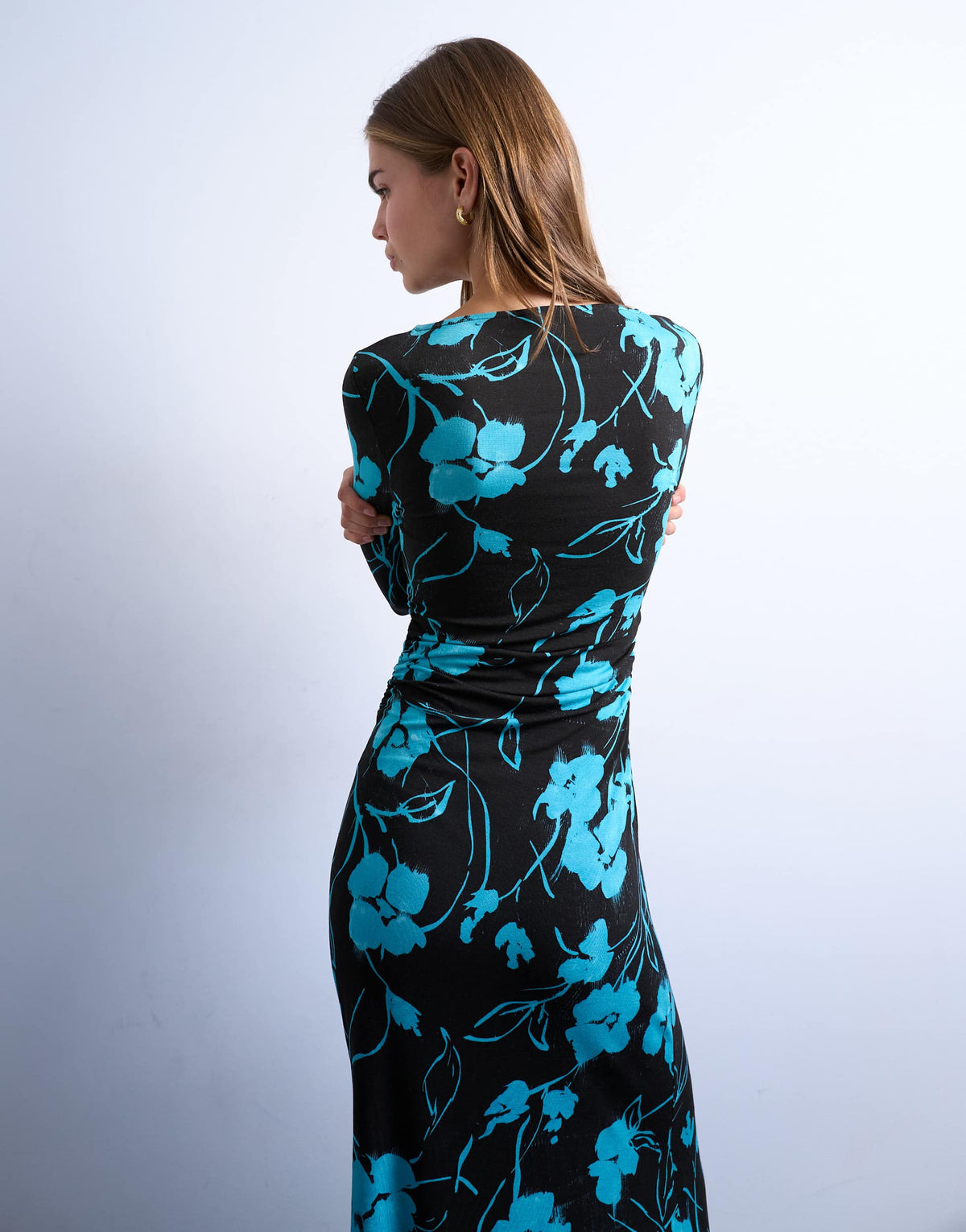 Topshop floral print slash neck long sleeve maxi dress in chocolate