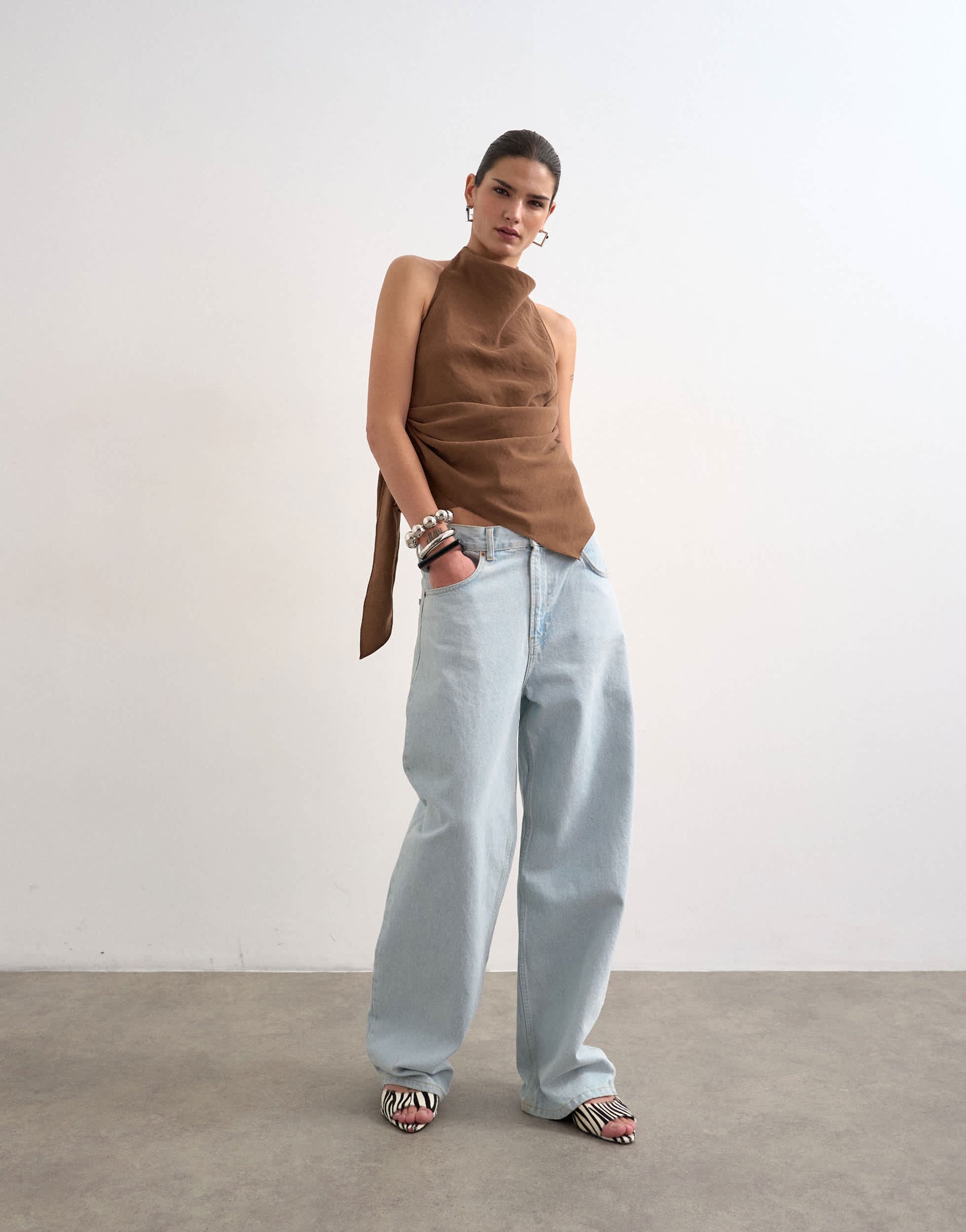 Topshop super soft cupro halter neck in chocolate