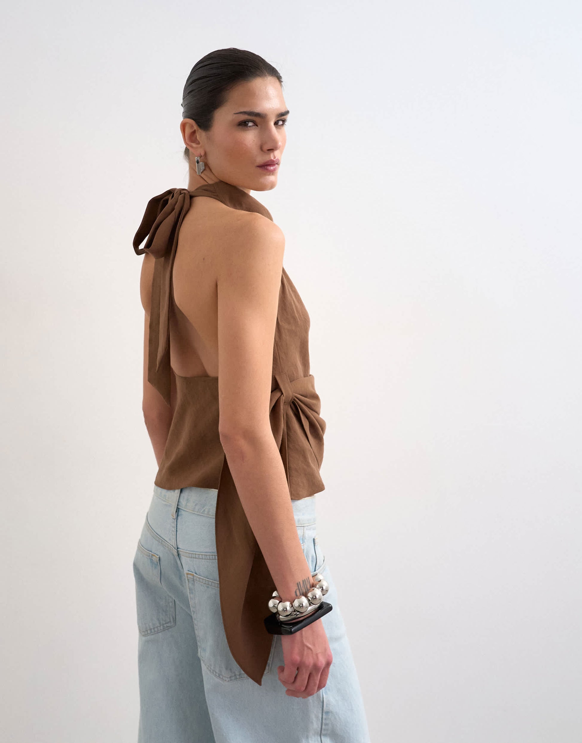 Topshop super soft cupro halter neck in chocolate