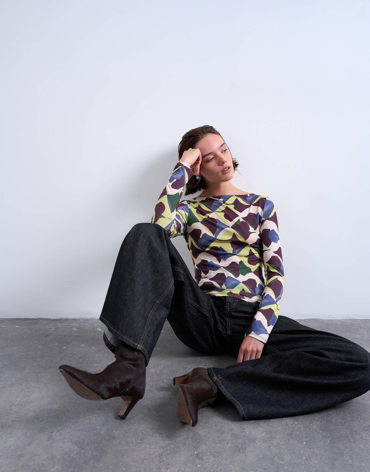 Topshop microfibre painted geo print long sleeve top in multi