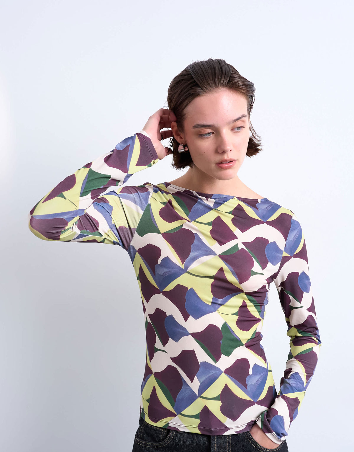 Topshop microfibre painted geo print long sleeve top in multi