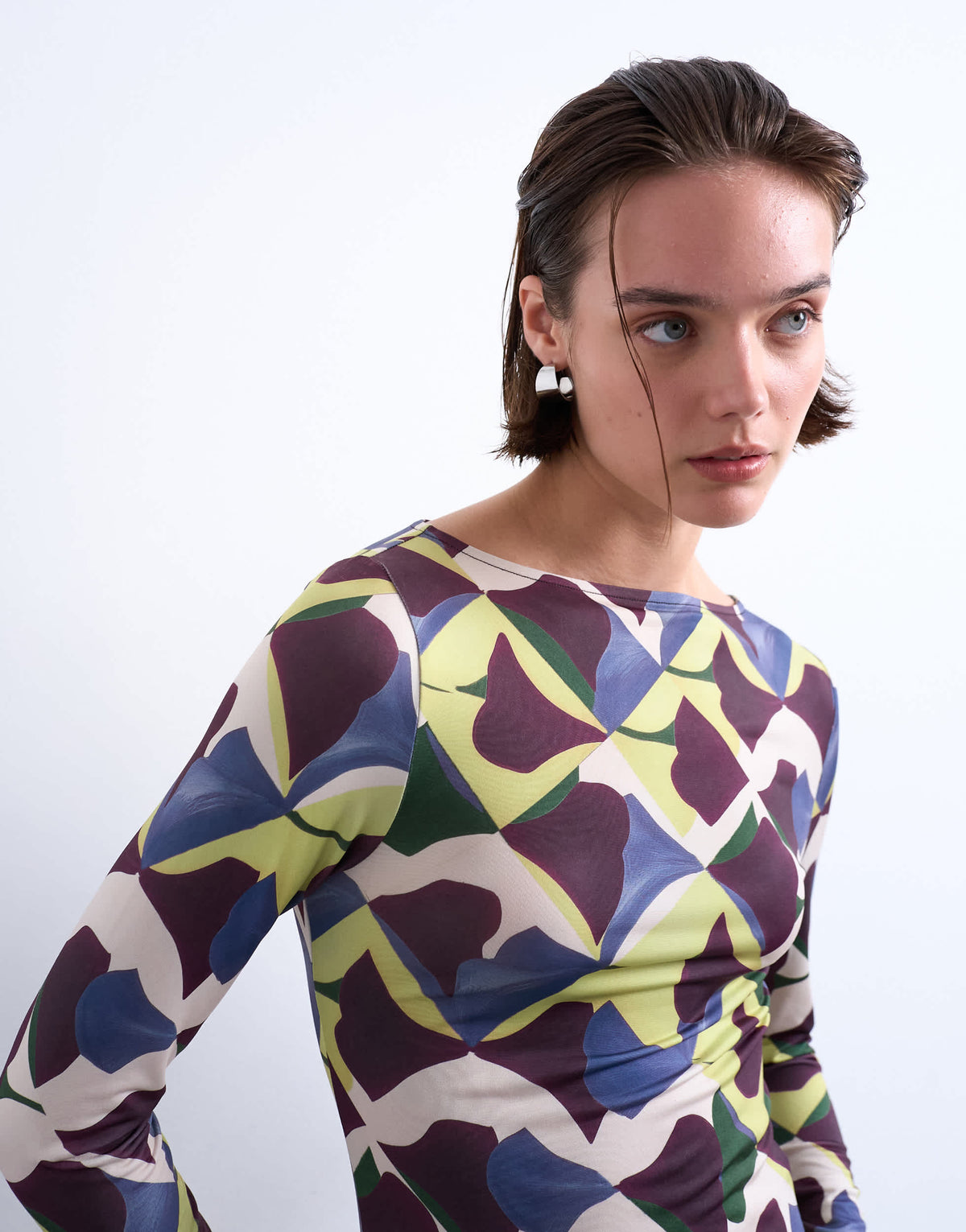Topshop microfibre painted geo print long sleeve top in multi