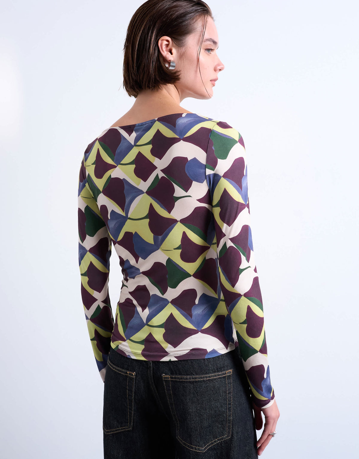 Topshop microfibre painted geo print long sleeve top in multi
