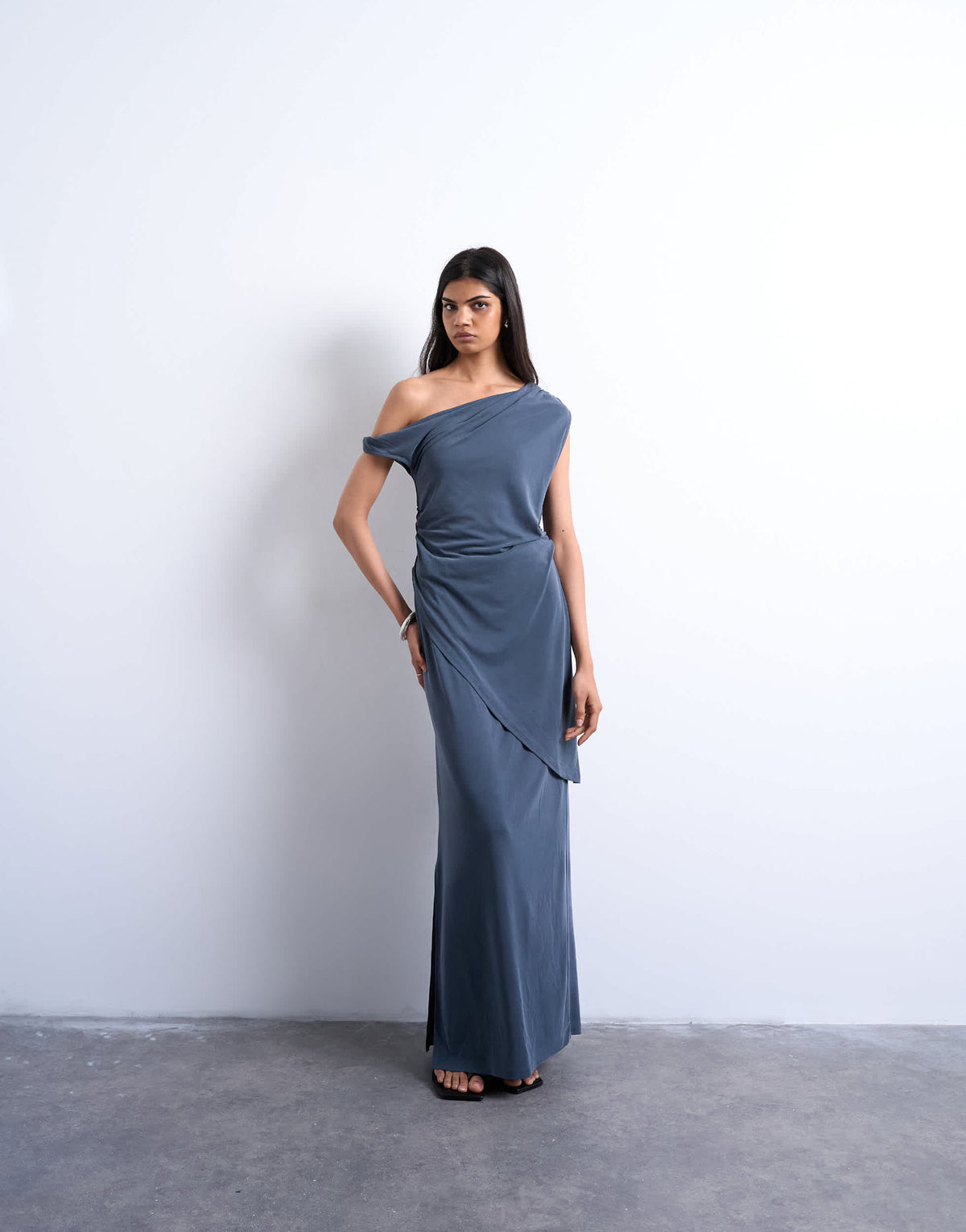 Topshop cupro twist detail bardot asymmetric tunic top in charcoal grey
