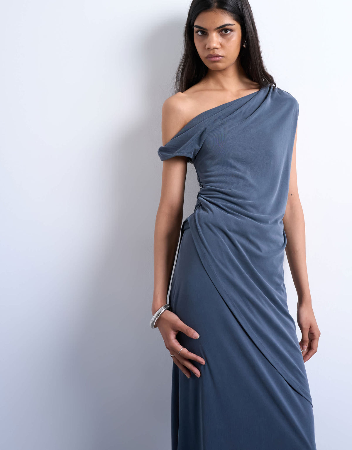 Topshop cupro twist detail bardot asymmetric tunic top in charcoal grey