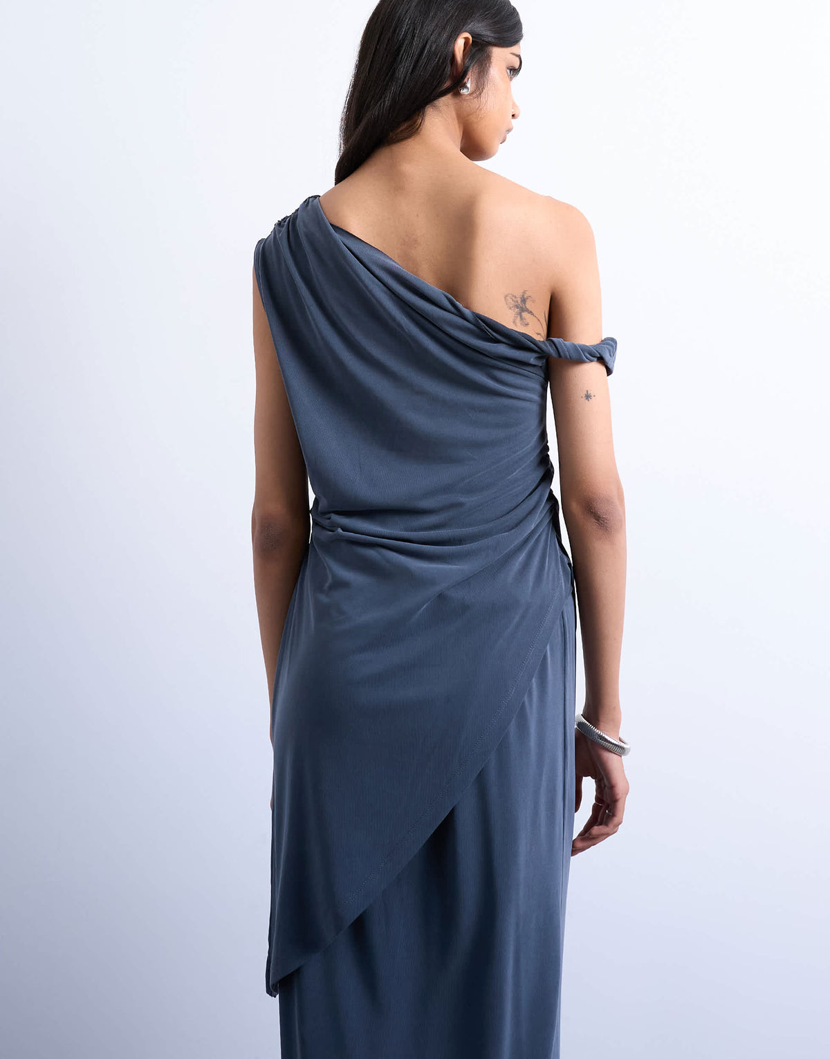 Topshop cupro twist detail bardot asymmetric tunic top in charcoal grey