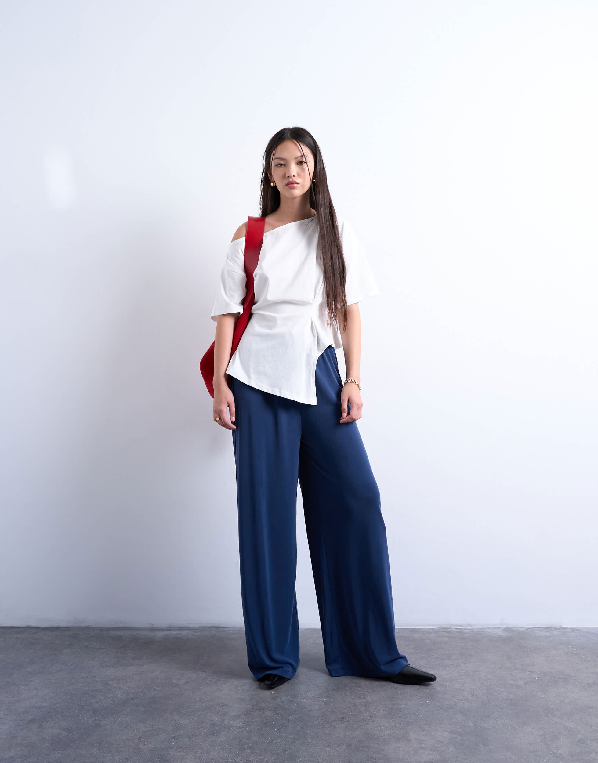 Pantalon large Topshop en cupro bleu marine