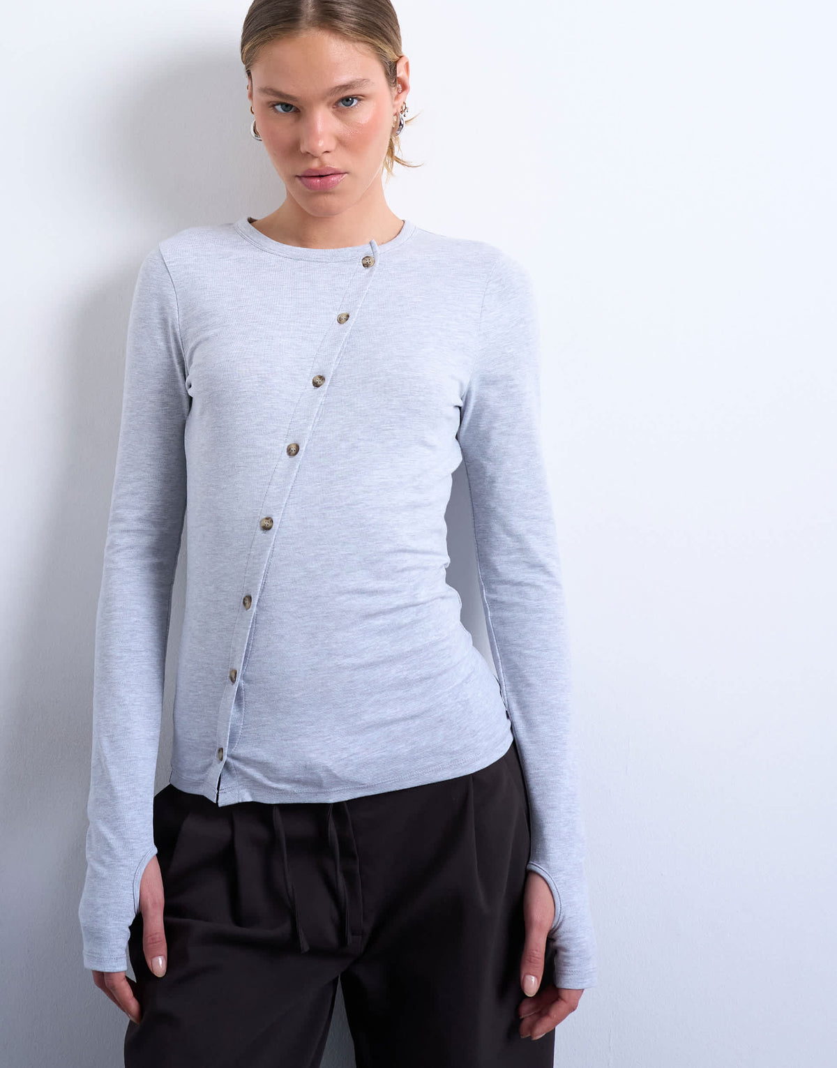 Topshop asymmetric button through long sleeve top in grey marl