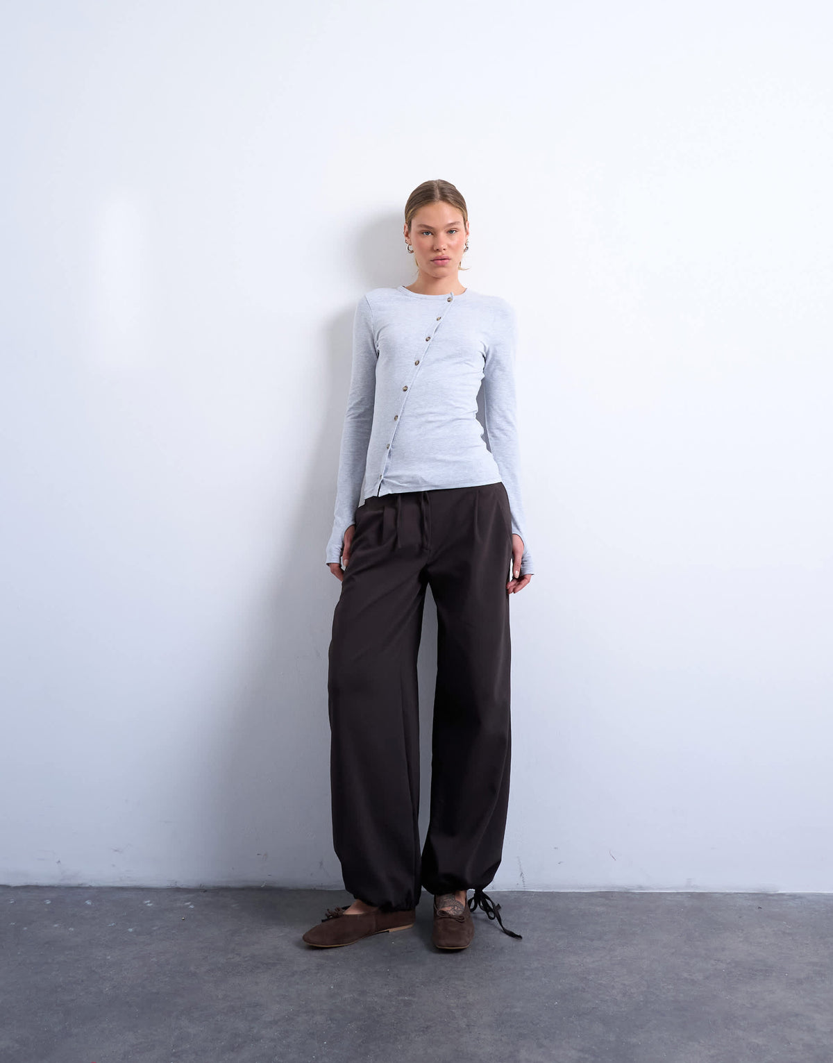 Topshop asymmetric button through long sleeve top in grey marl