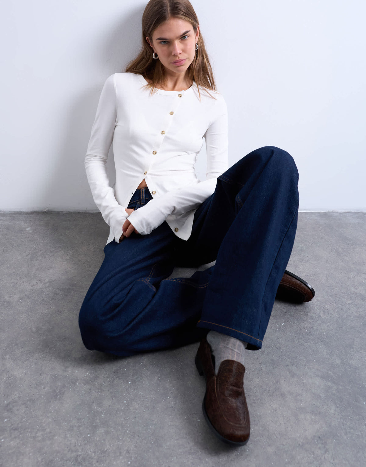 Topshop asymmetric button through long sleeve top in ivory