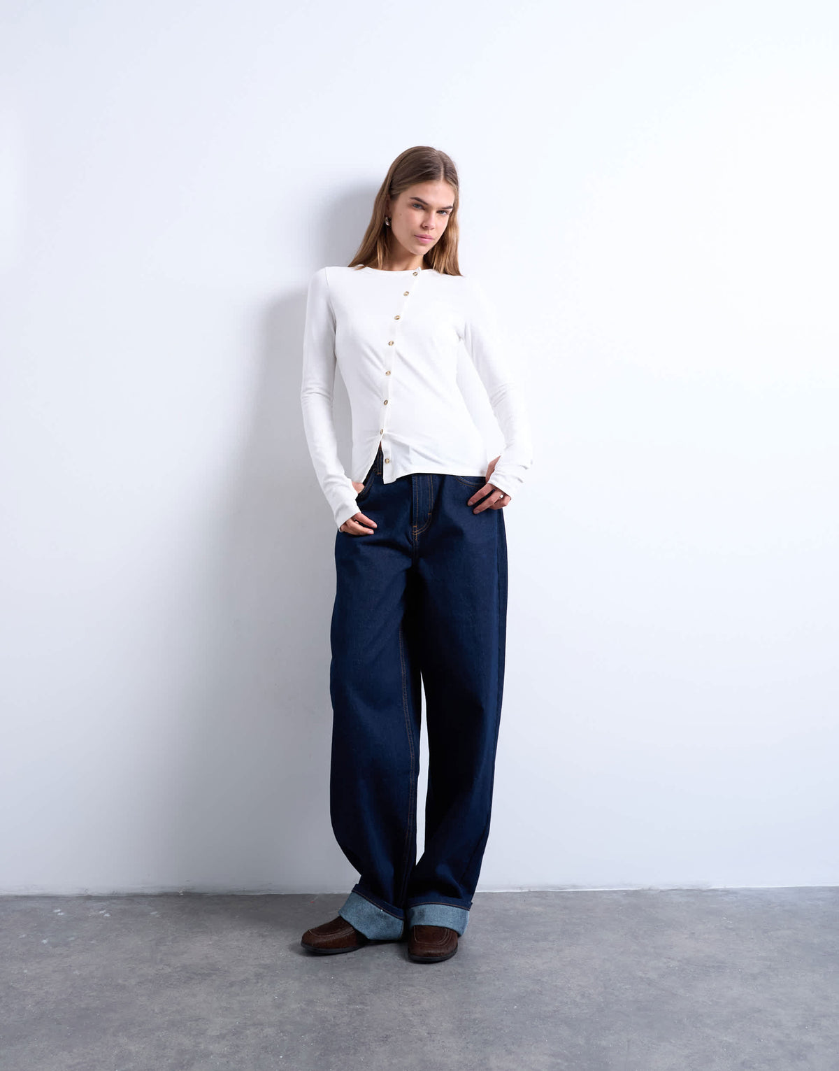 Topshop asymmetric button through long sleeve top in ivory