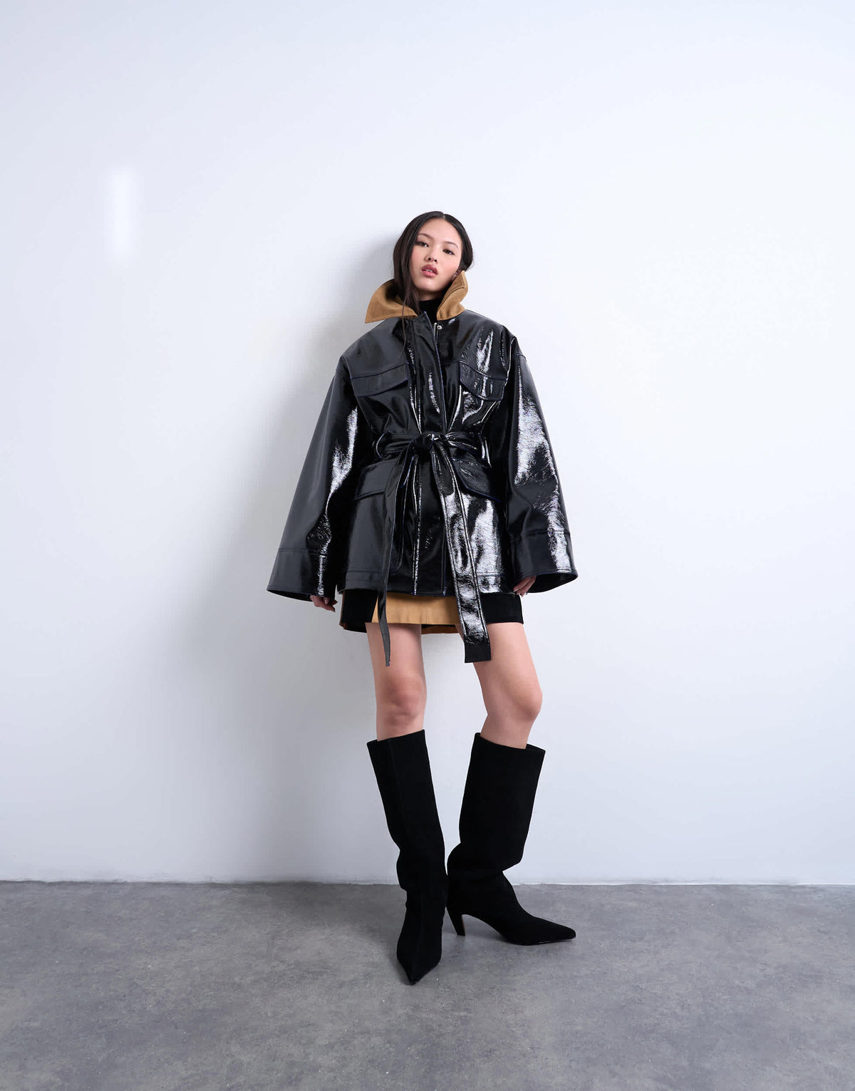 Topshop 4 pocket vinyl shacket with contrast collar in navy
