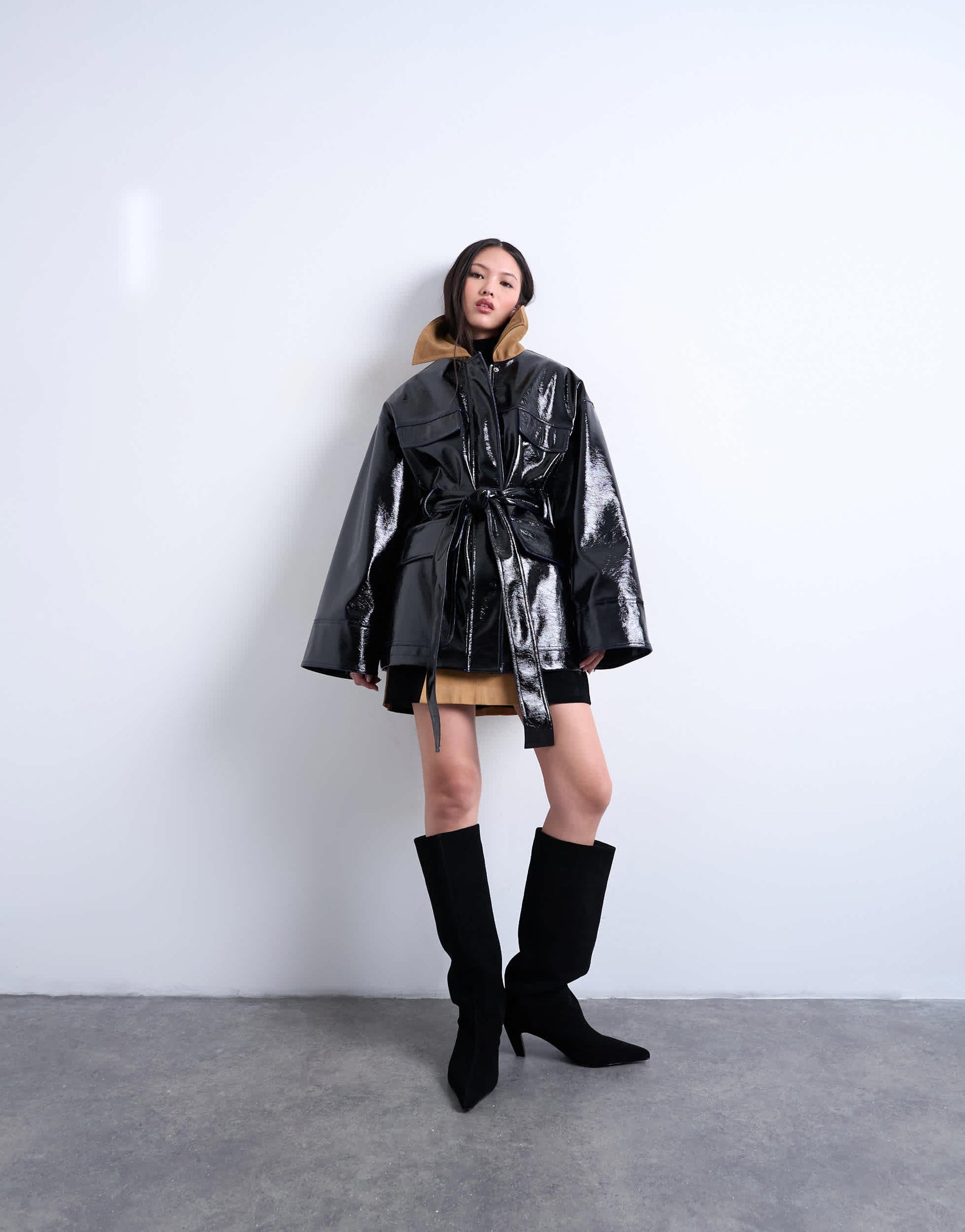 Topshop 4 pocket vinyl shacket with contrast collar in navy