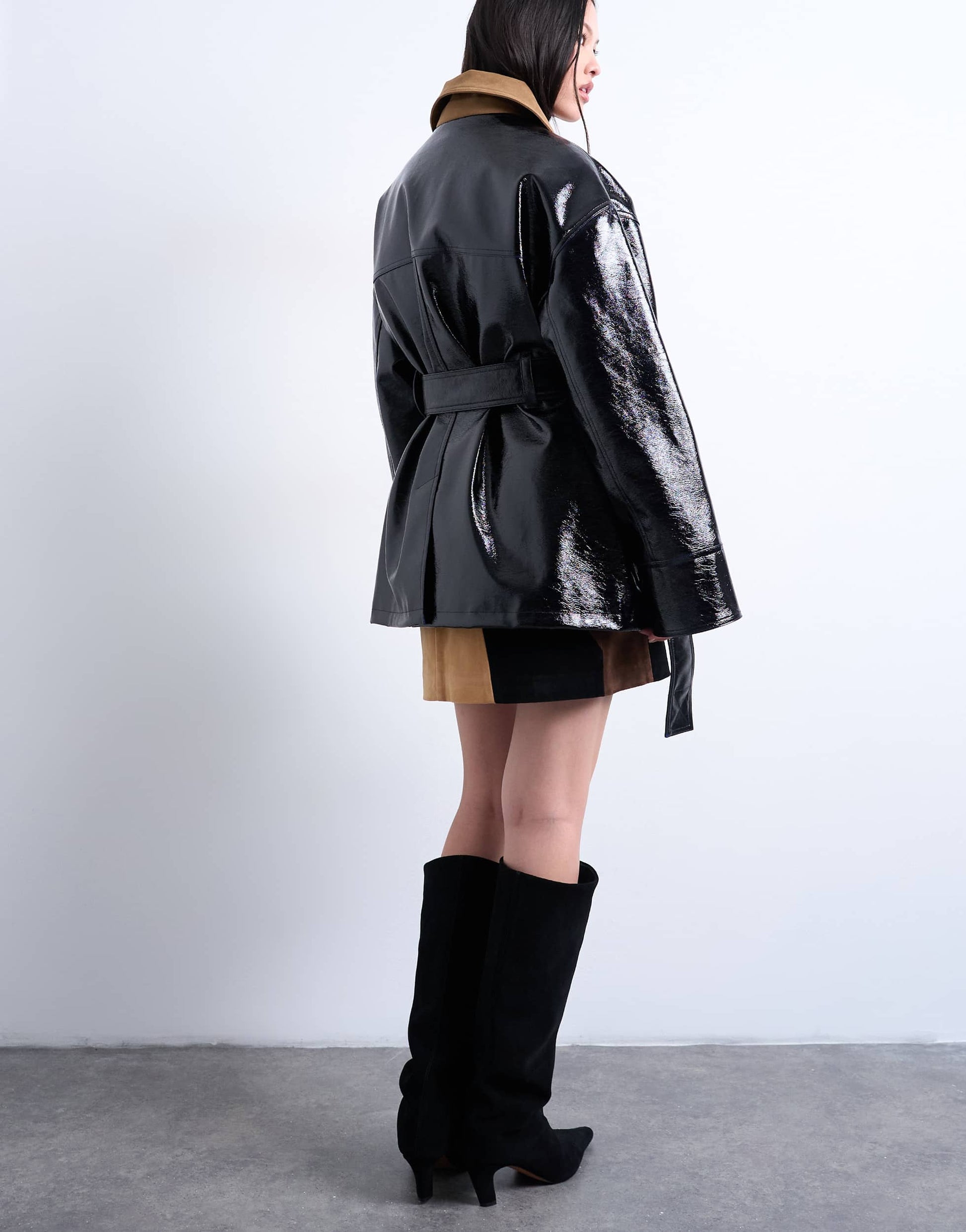 Topshop 4 pocket vinyl shacket with contrast collar in navy