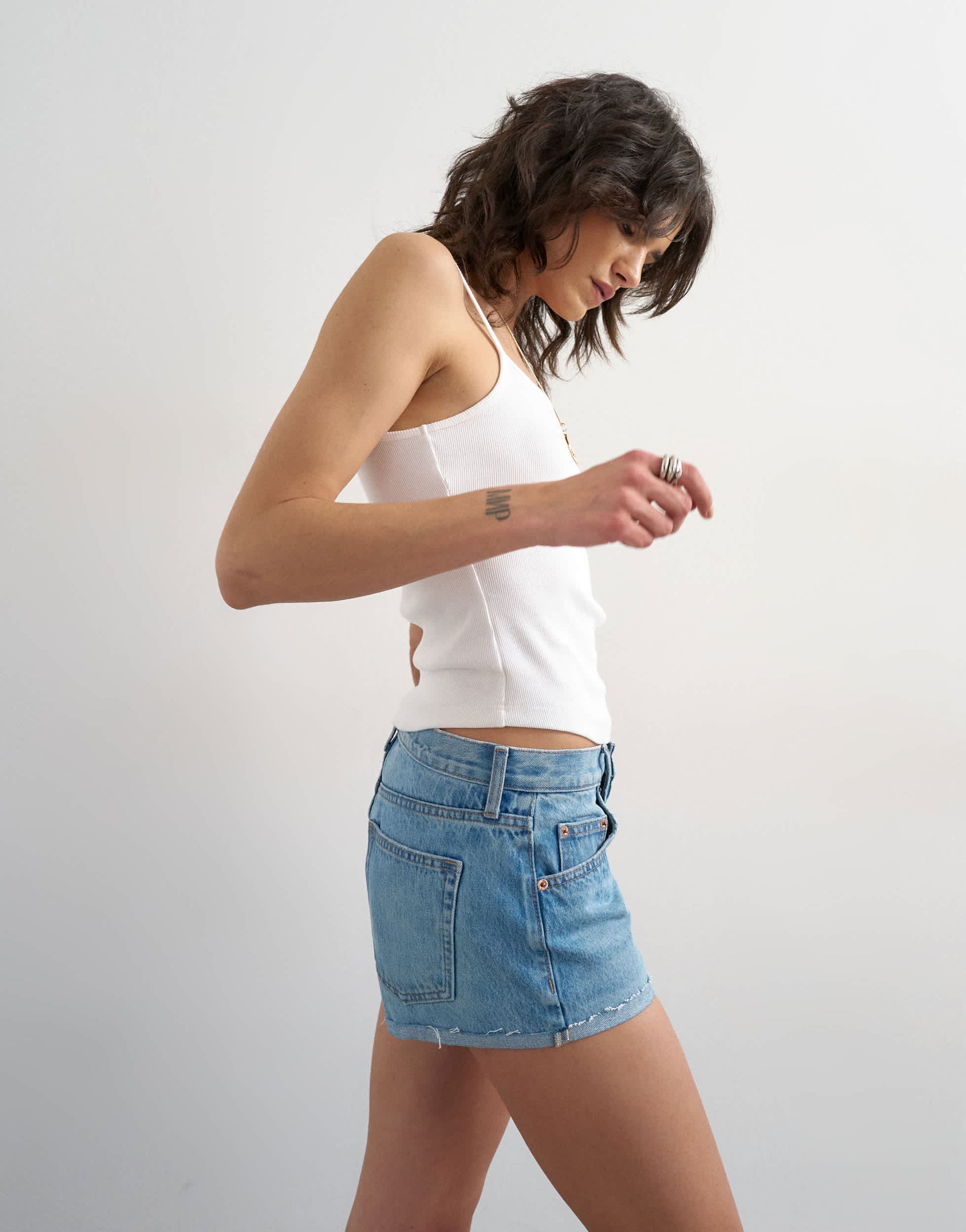 Topshop denim ultra mini short in mid blue