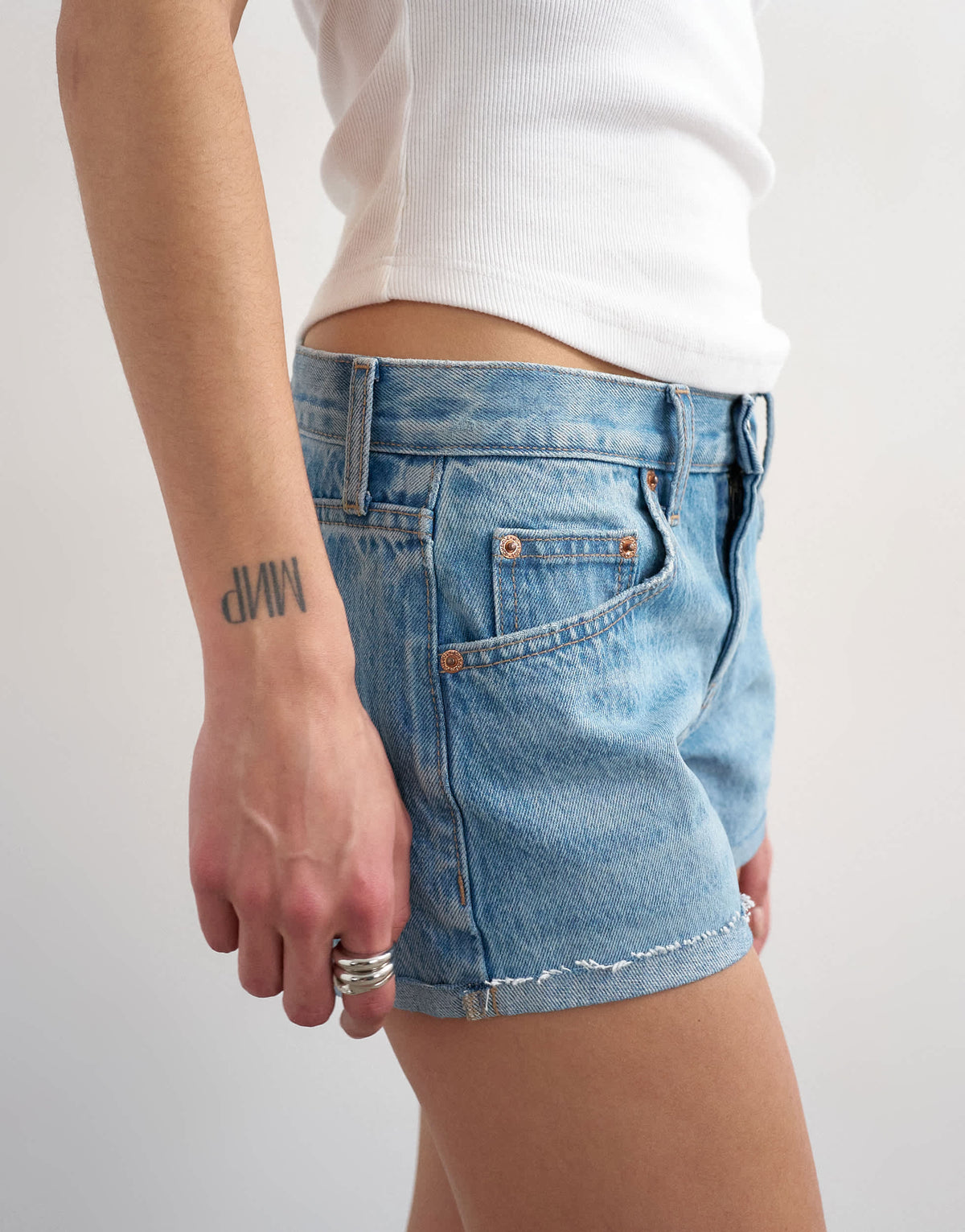Topshop denim ultra mini short in mid blue