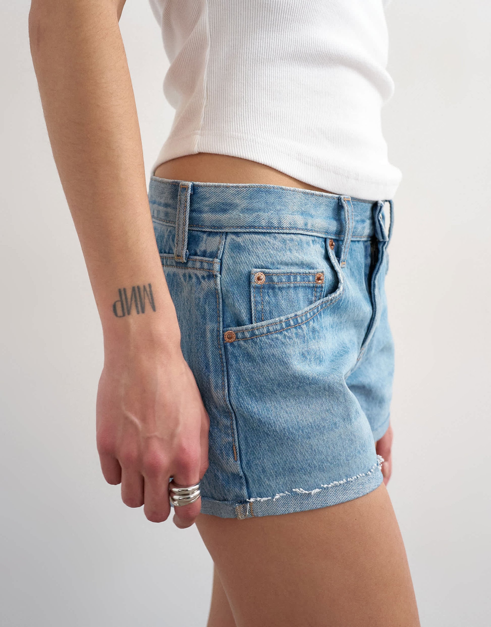 Topshop denim ultra mini short in mid blue