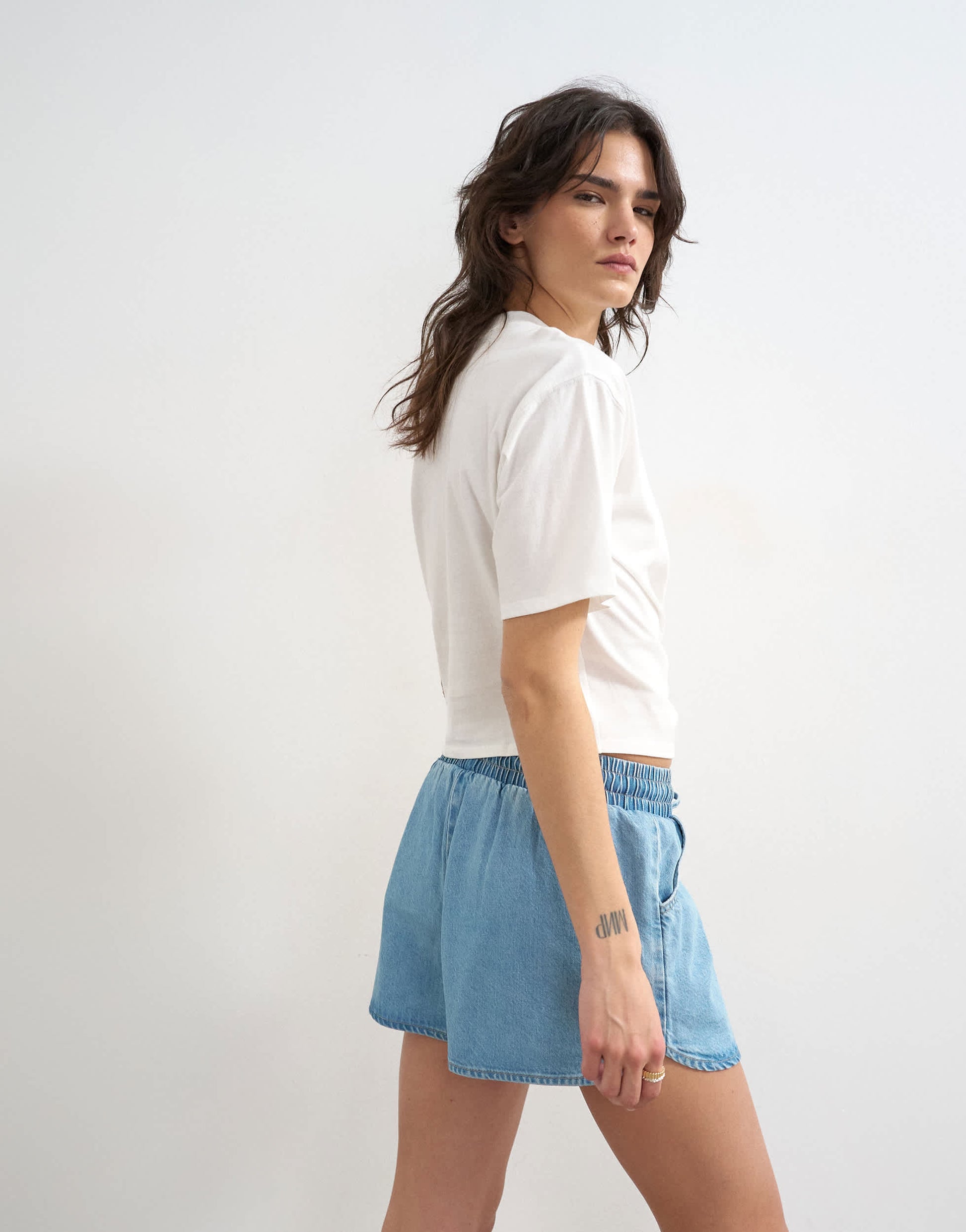 Topshop denim mini runner short in mid blue