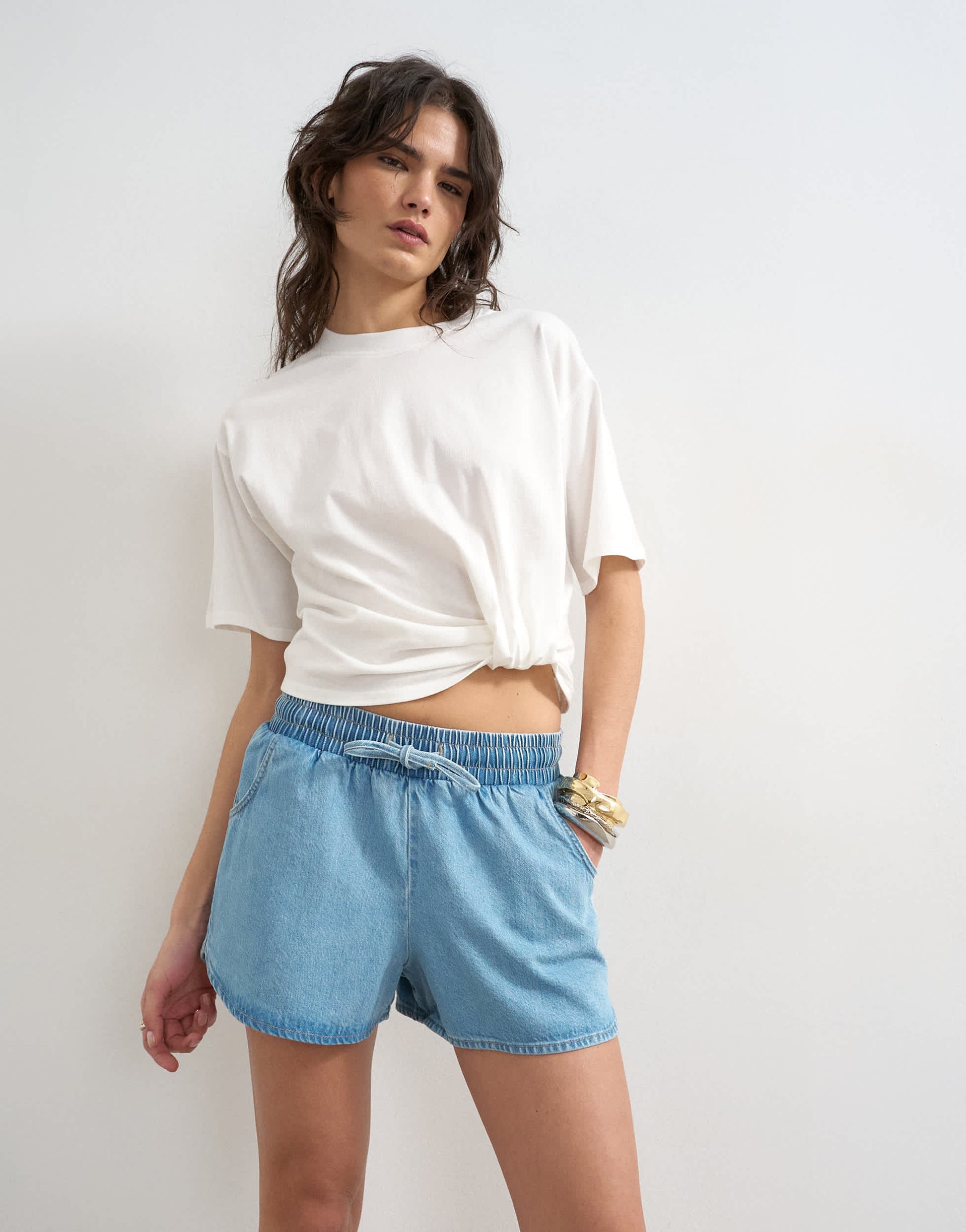 Topshop denim mini runner short in mid blue
