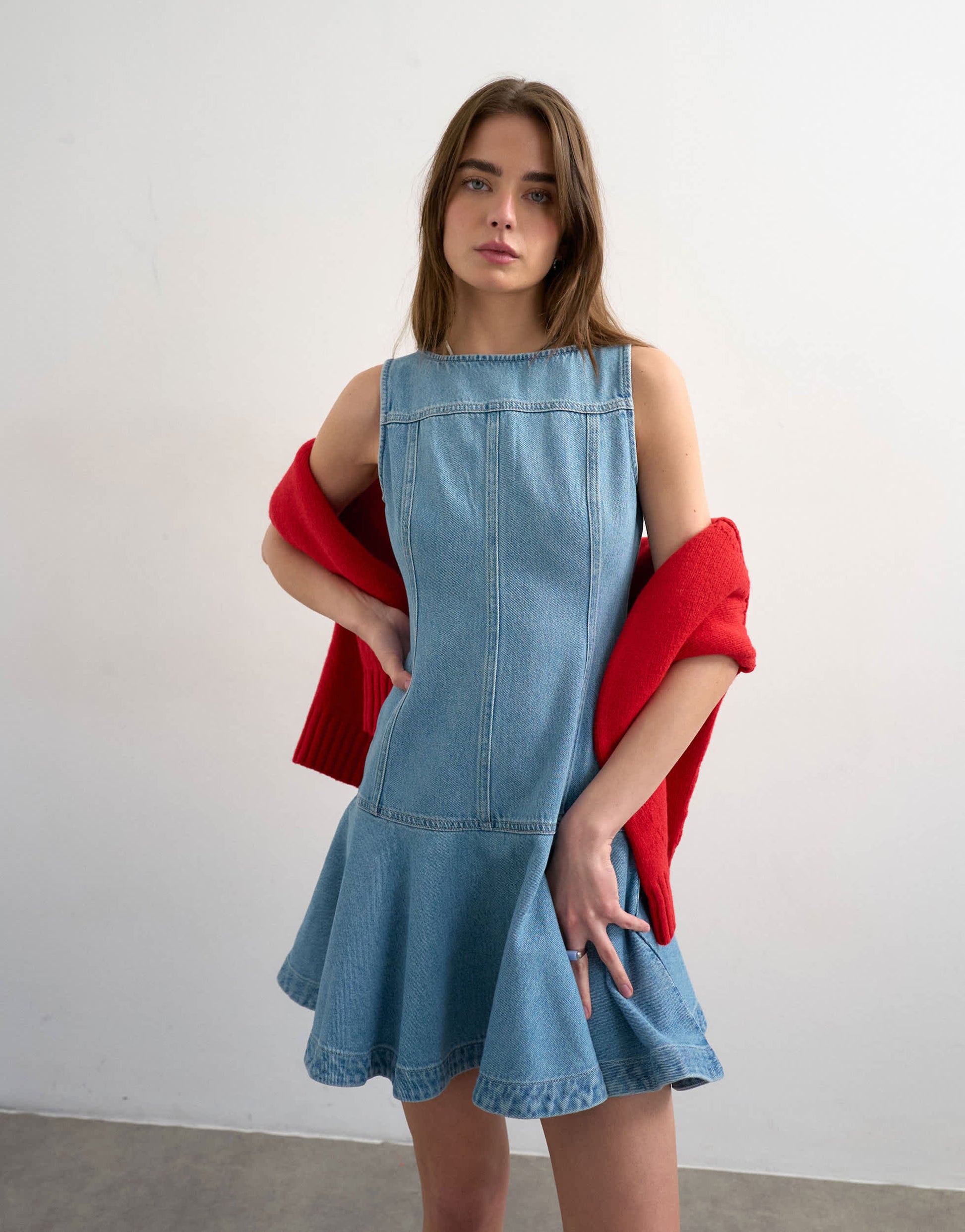 Topshop denim seamed mini dress in bleach