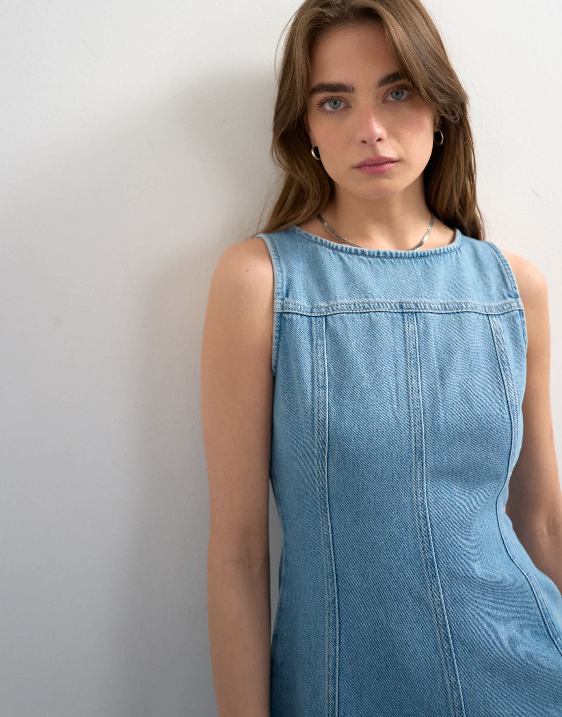 Topshop denim seamed mini dress in bleach