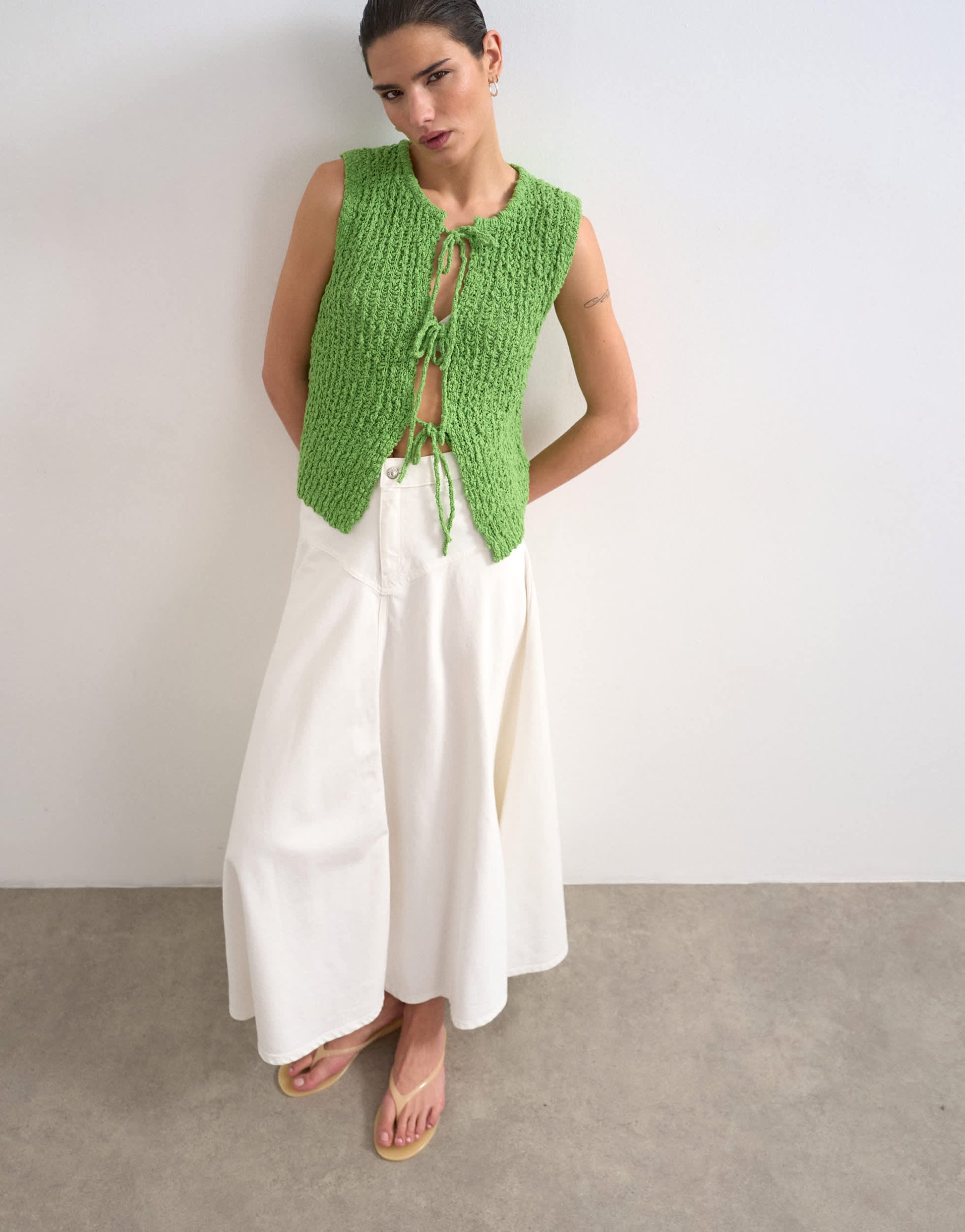 Topshop denim maxi front yoke skirt in white