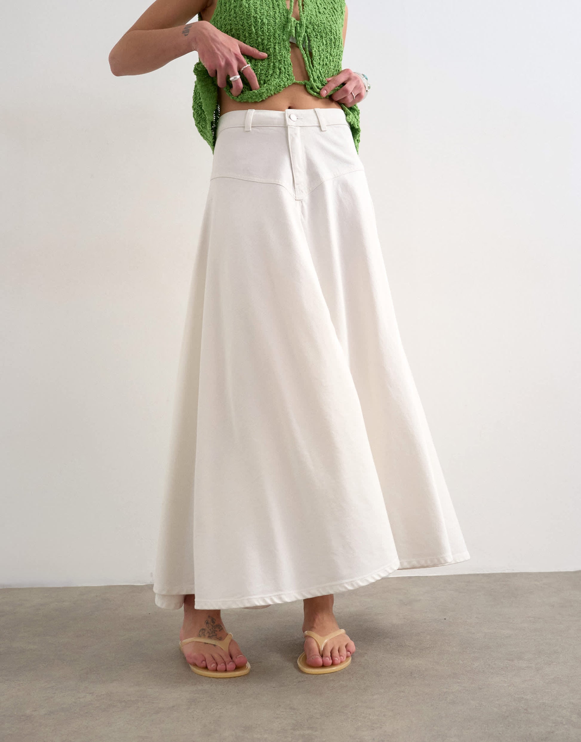 Topshop denim maxi front yoke skirt in white